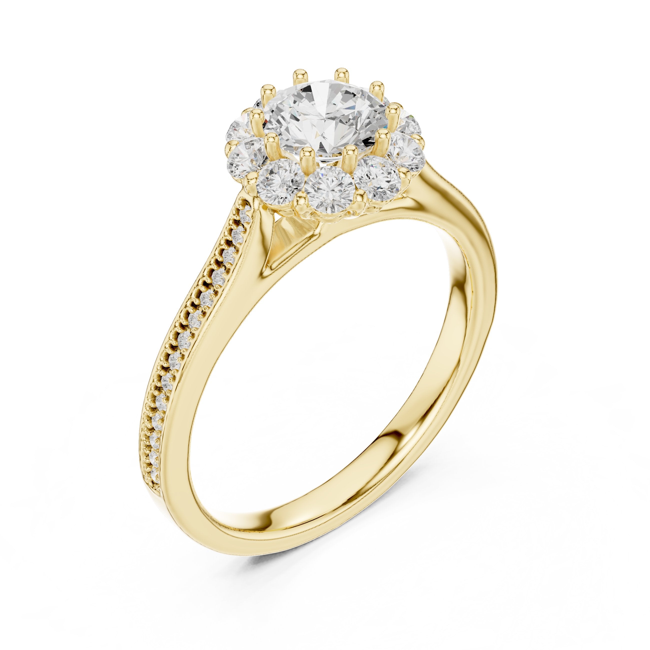 Round Diamond Flower Halo Engagement Ring with Edge Pavé Band in Yellow Gold - VYKA Diamonds