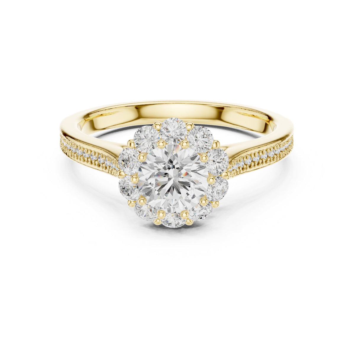 Round Diamond Flower Halo Engagement Ring with Edge Pavé Band