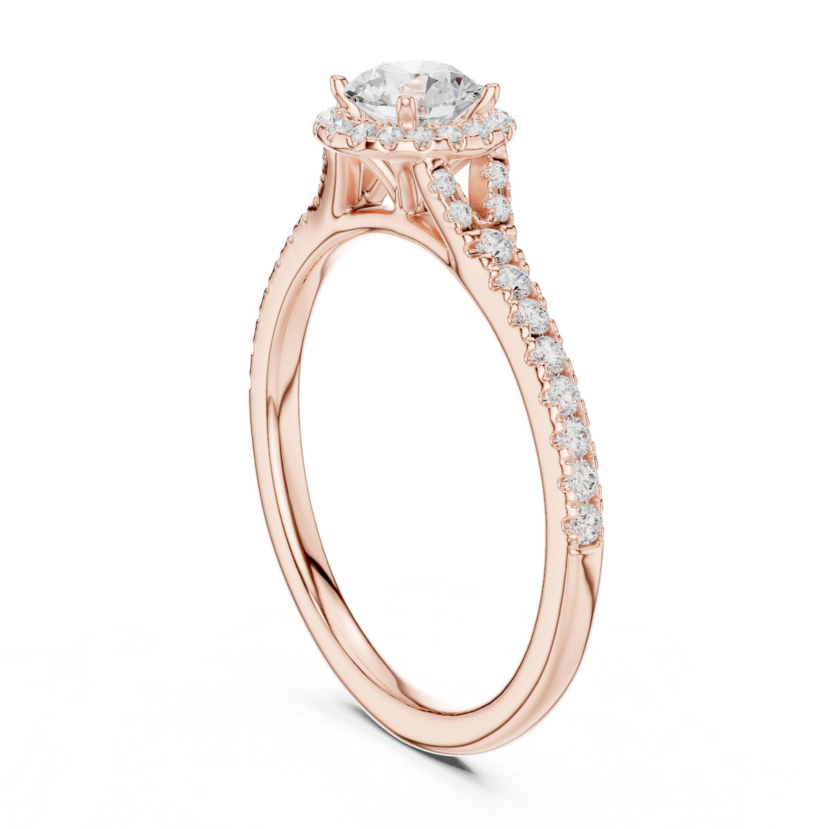 Round Diamond Halo Engagement Ring with Knife Edge Pavé Band