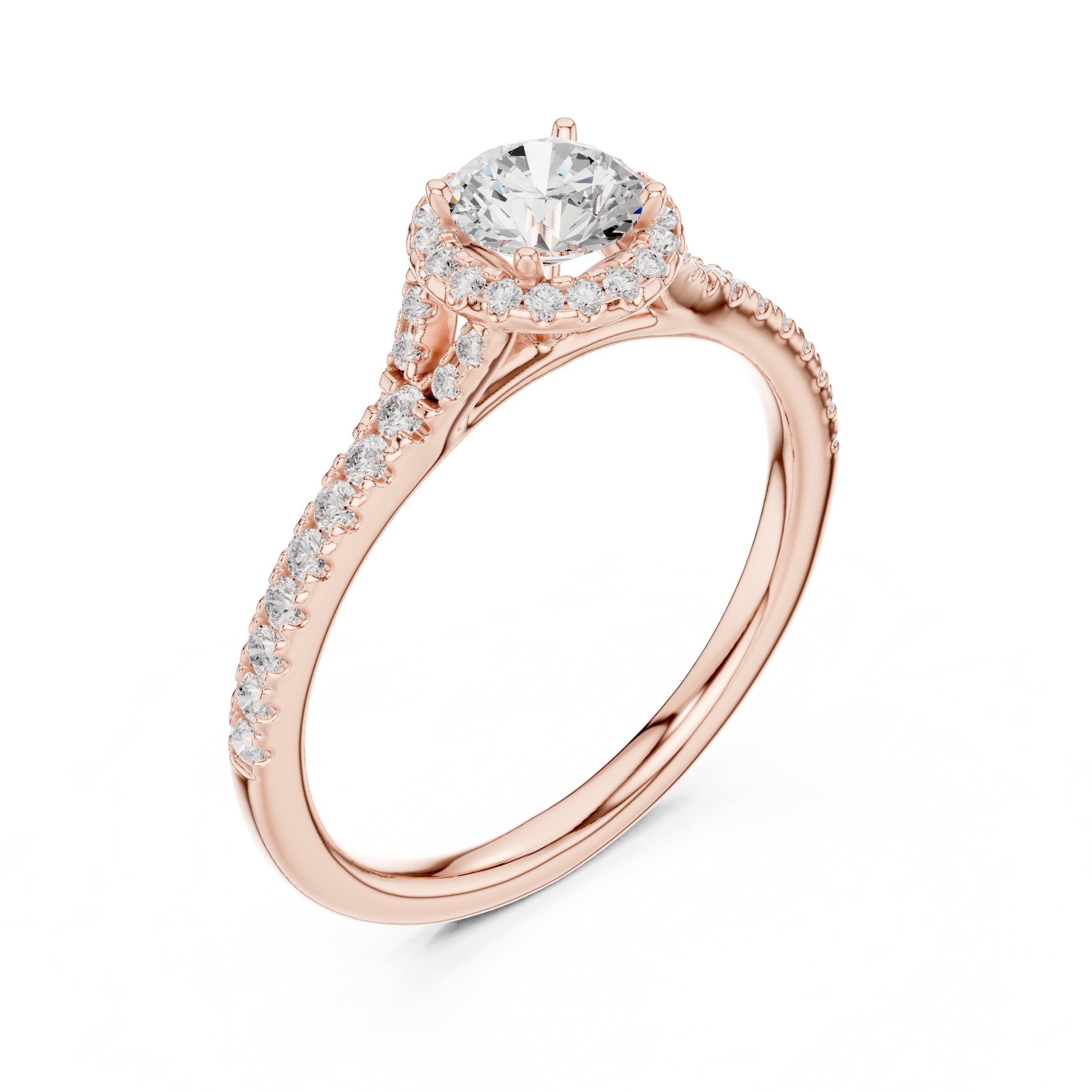 Round Diamond Halo Engagement Ring with Knife Edge Pavé Band in Rose Gold - VYKA Diamonds