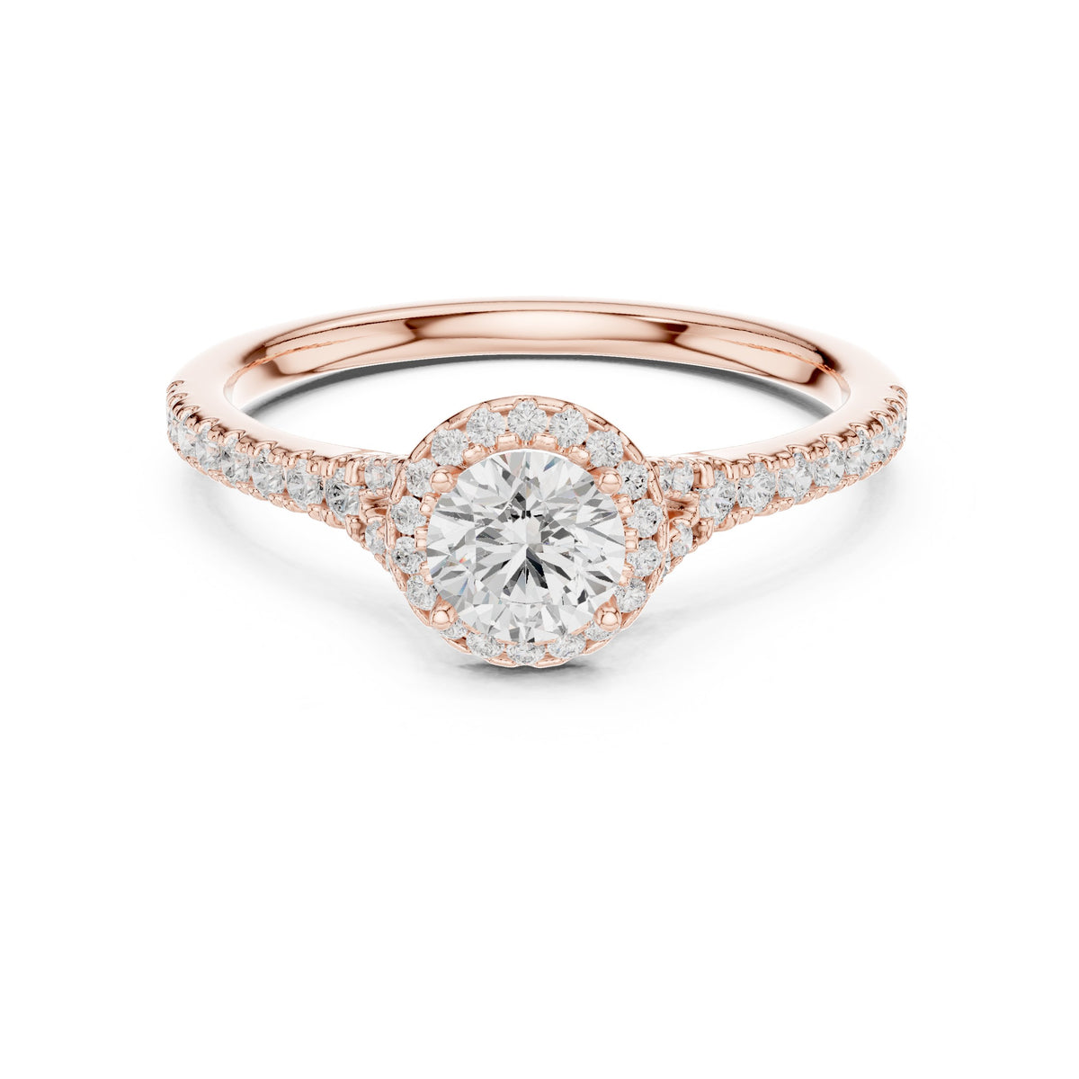 Round Diamond Halo Engagement Ring with Knife Edge Pavé Band