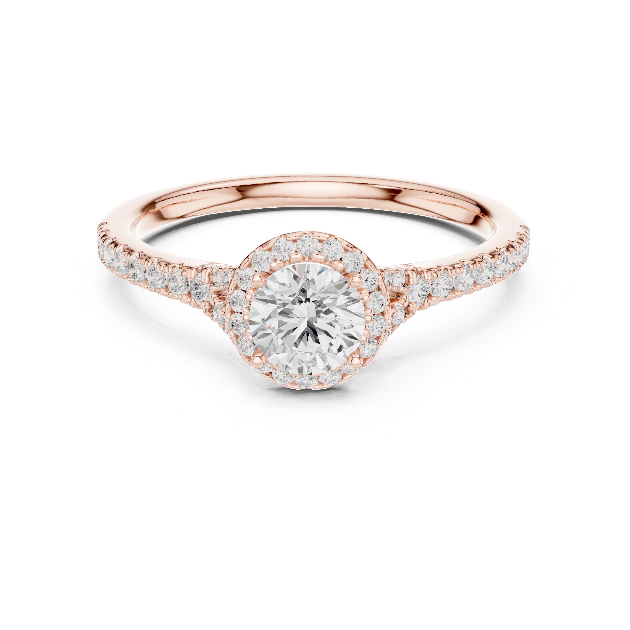 Round Diamond Halo Engagement Ring with Knife Edge Pavé Band in Rose Gold - VYKA Diamonds