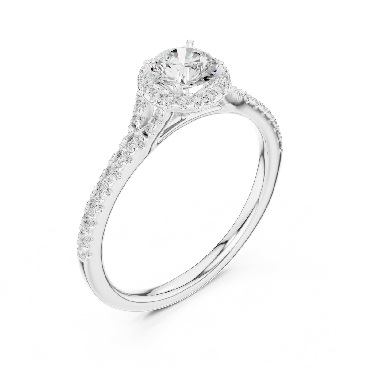 Round Diamond Halo Engagement Ring with Knife Edge Pavé Band