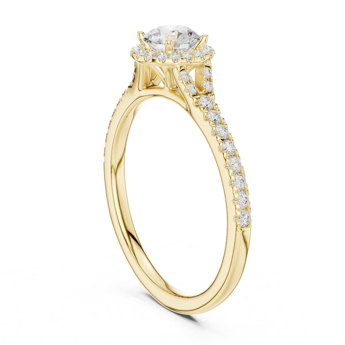 Round Diamond Halo Engagement Ring with Knife Edge Pavé Band