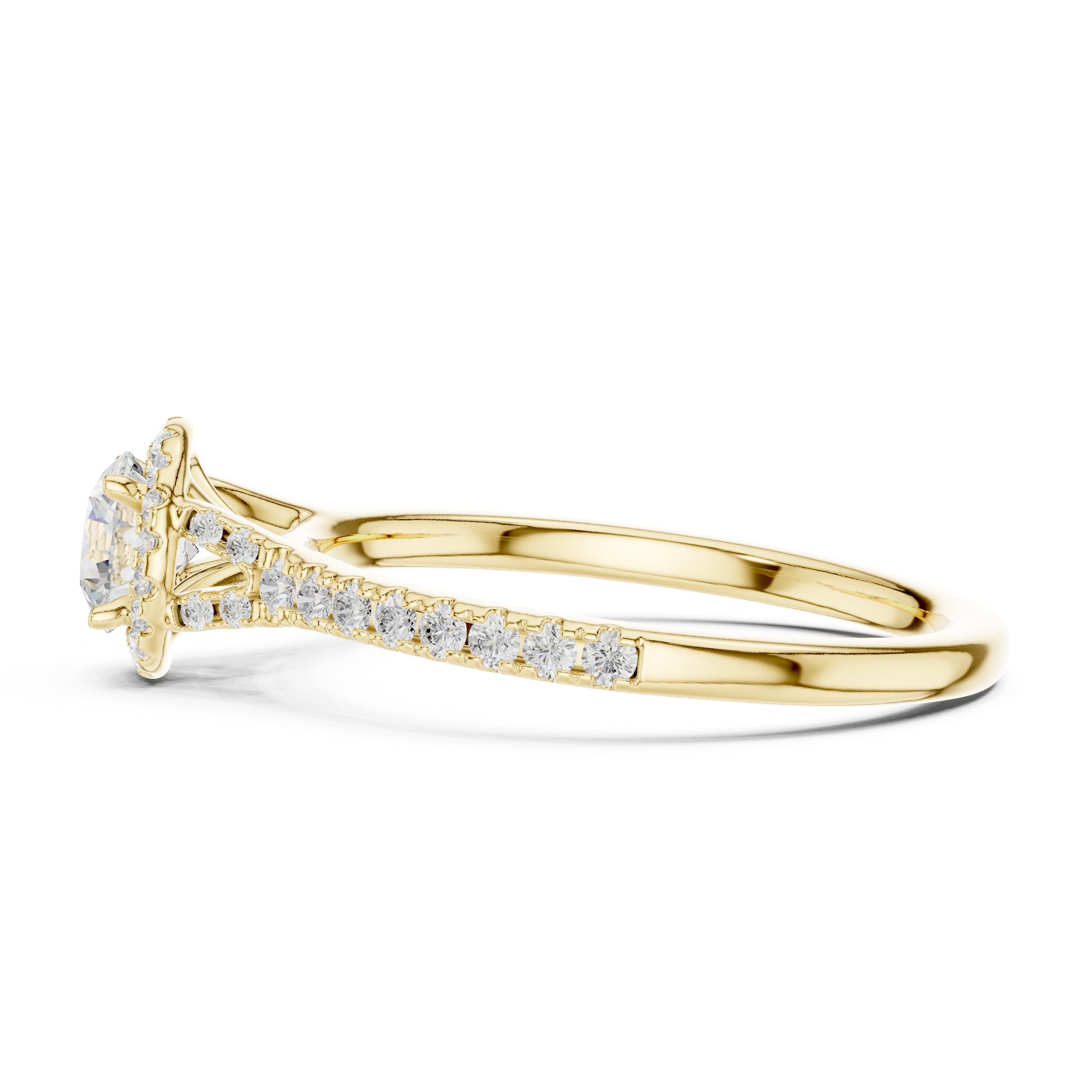 Round Diamond Halo Engagement Ring with Knife Edge Pavé Band in Yellow Gold - VYKA Diamonds