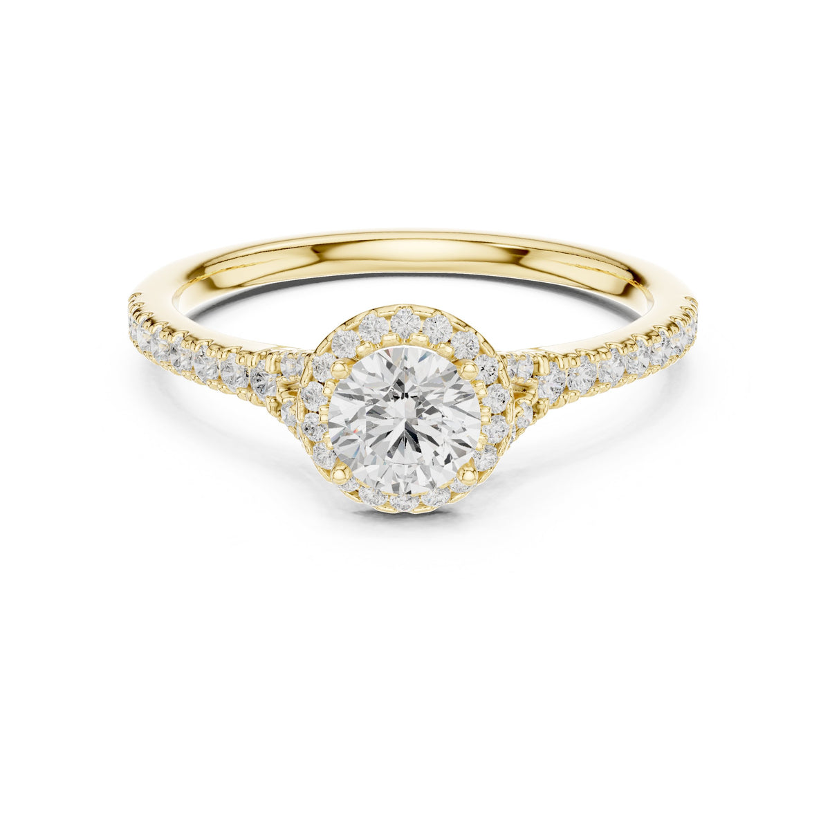 Round Diamond Halo Engagement Ring with Knife Edge Pavé Band