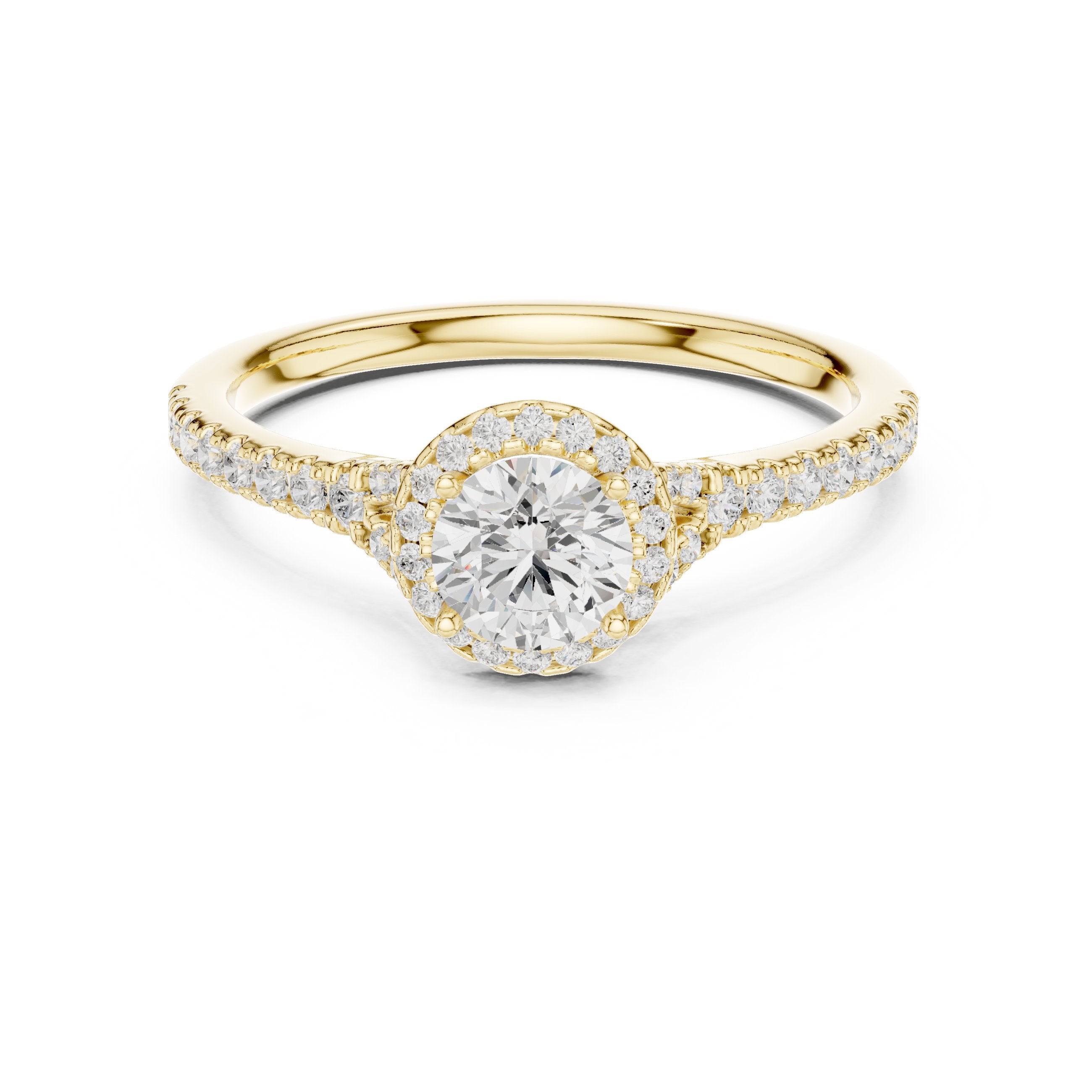 Round Diamond Halo Engagement Ring with Knife Edge Pavé Band in Yellow Gold - VYKA Diamonds