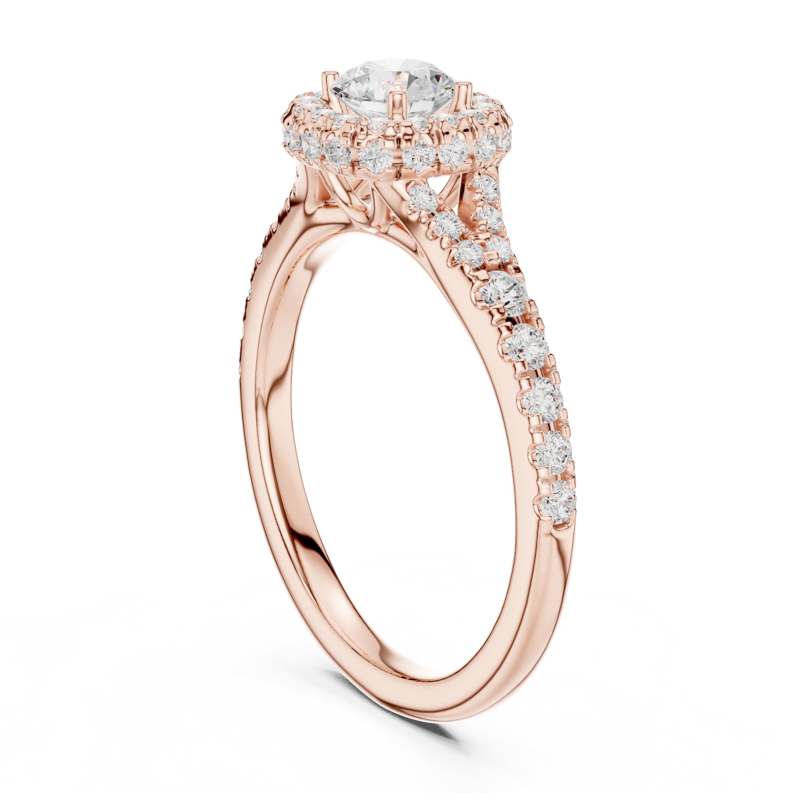 Round Diamond Cushion Halo Engagement Ring with Full Pavé Band in Rose Gold - VYKA Diamonds