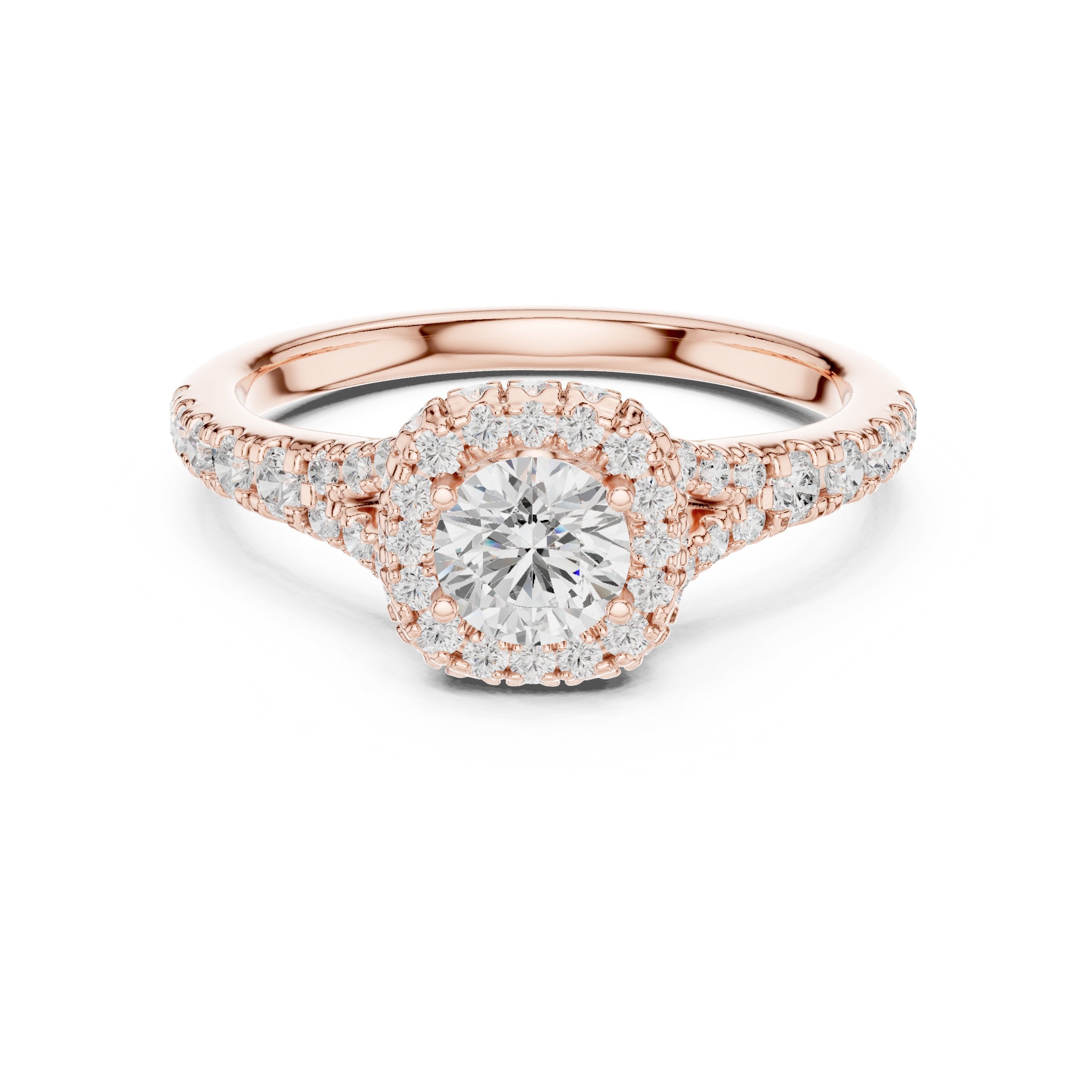 Round Diamond Cushion Halo Engagement Ring with Full Pavé Band in Rose Gold - VYKA Diamonds