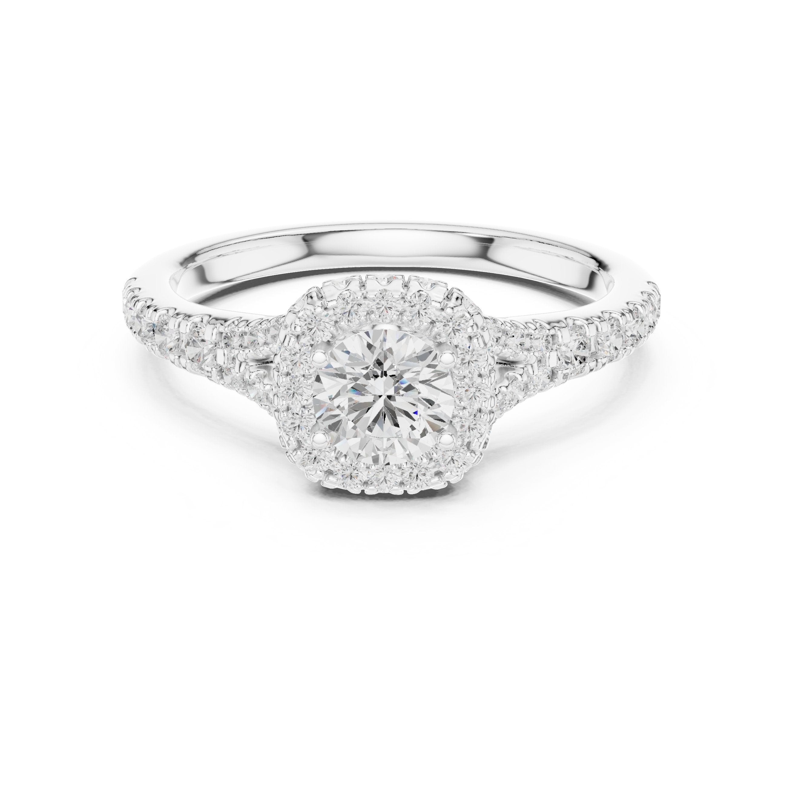 Round Diamond Cushion Halo Engagement Ring with Full Pavé Band in White Gold - VYKA Diamonds