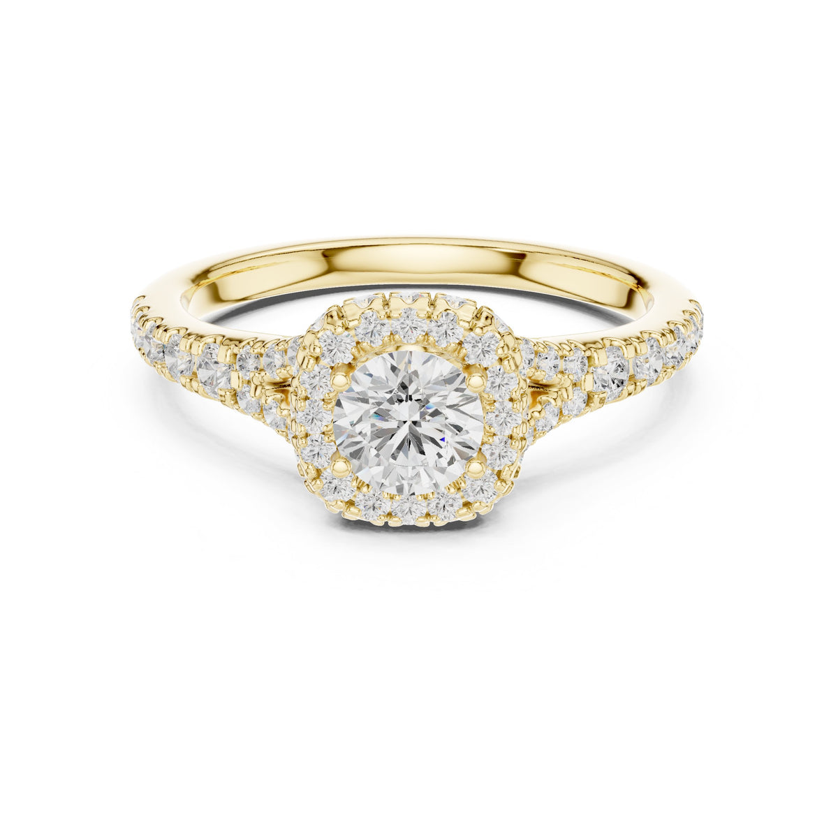 Round Diamond Cushion Halo Engagement Ring with Full Pavé Band