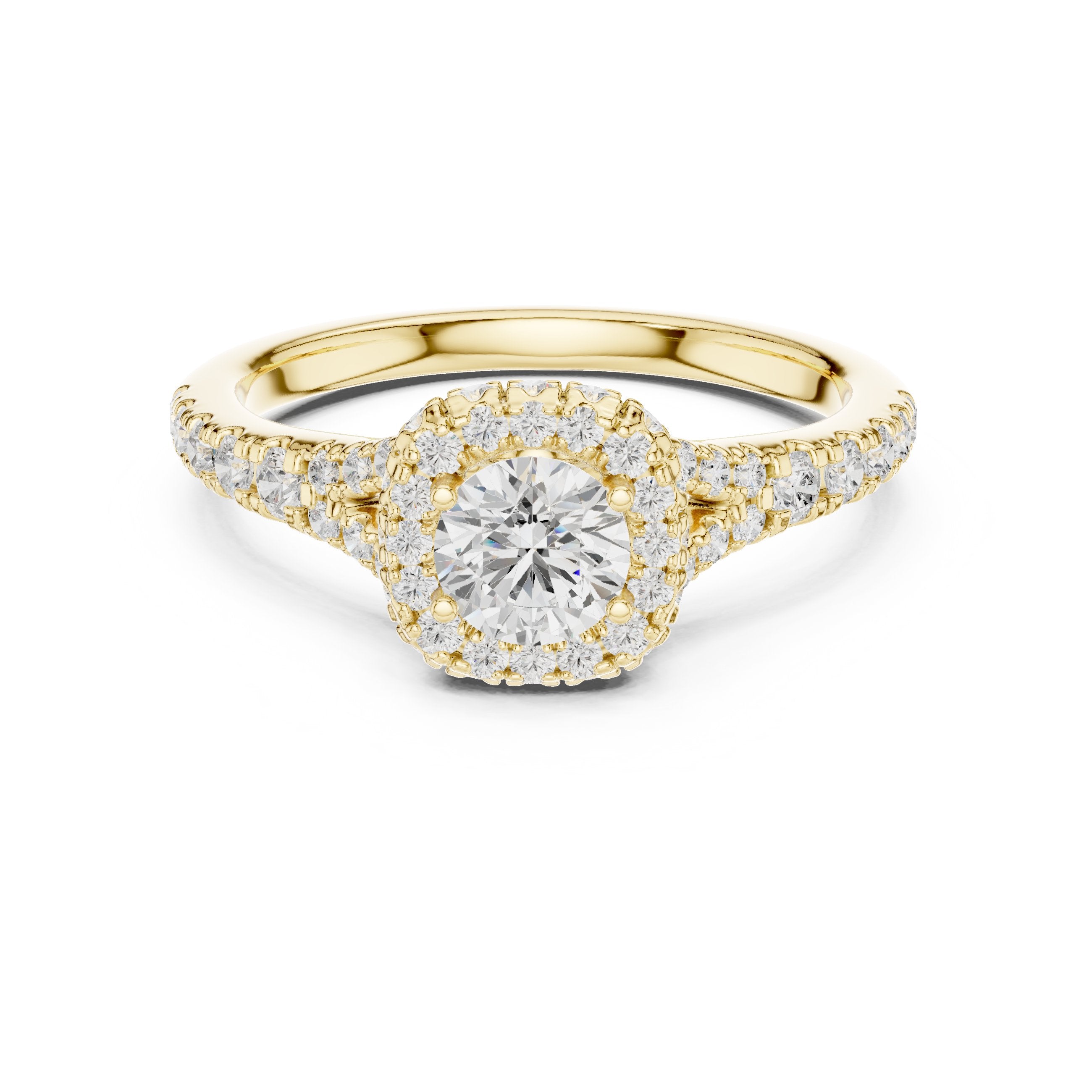 Round Diamond Cushion Halo Engagement Ring with Full Pavé Band in Yellow Gold - VYKA Diamonds