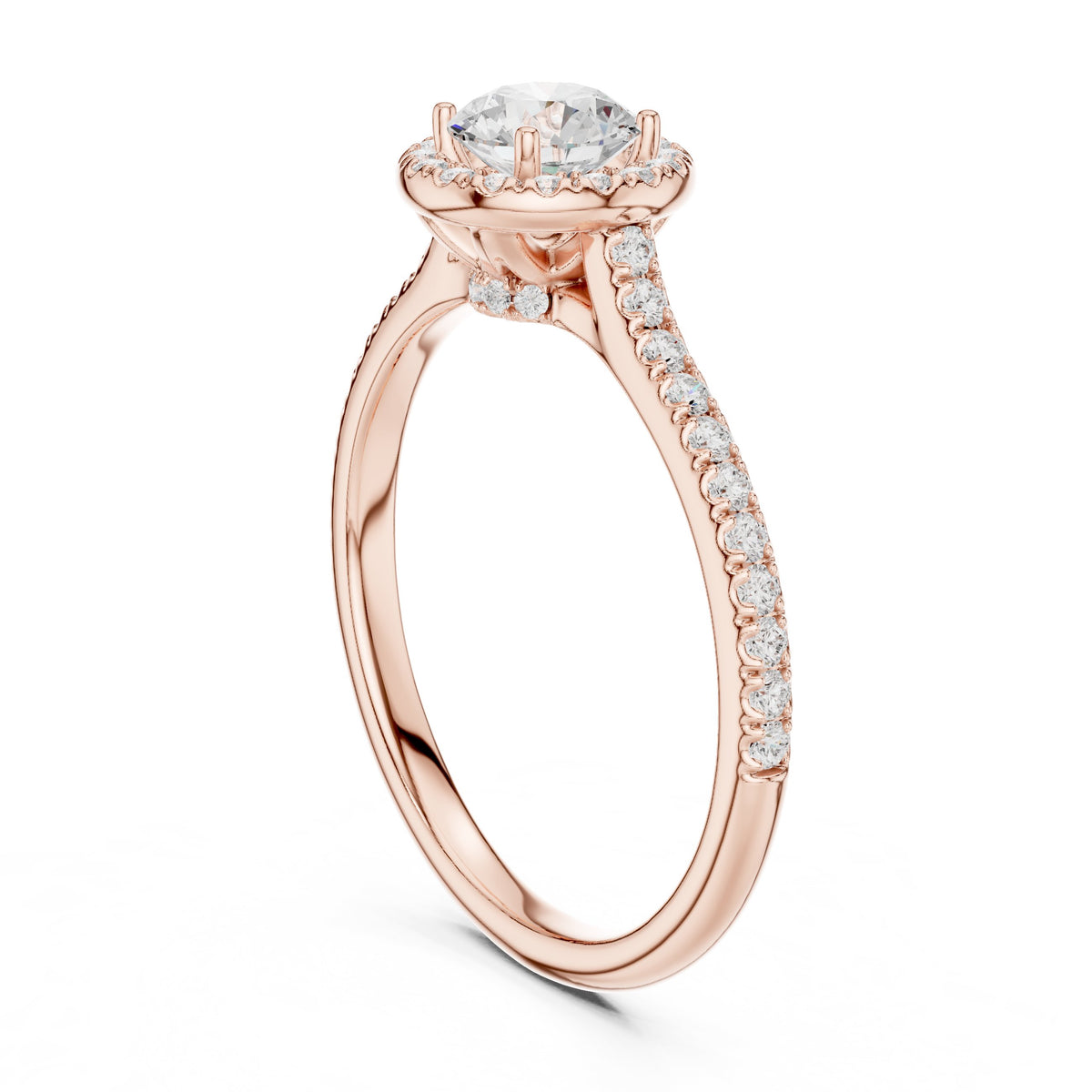 Round Diamond Halo Engagement Ring with Pavé Band