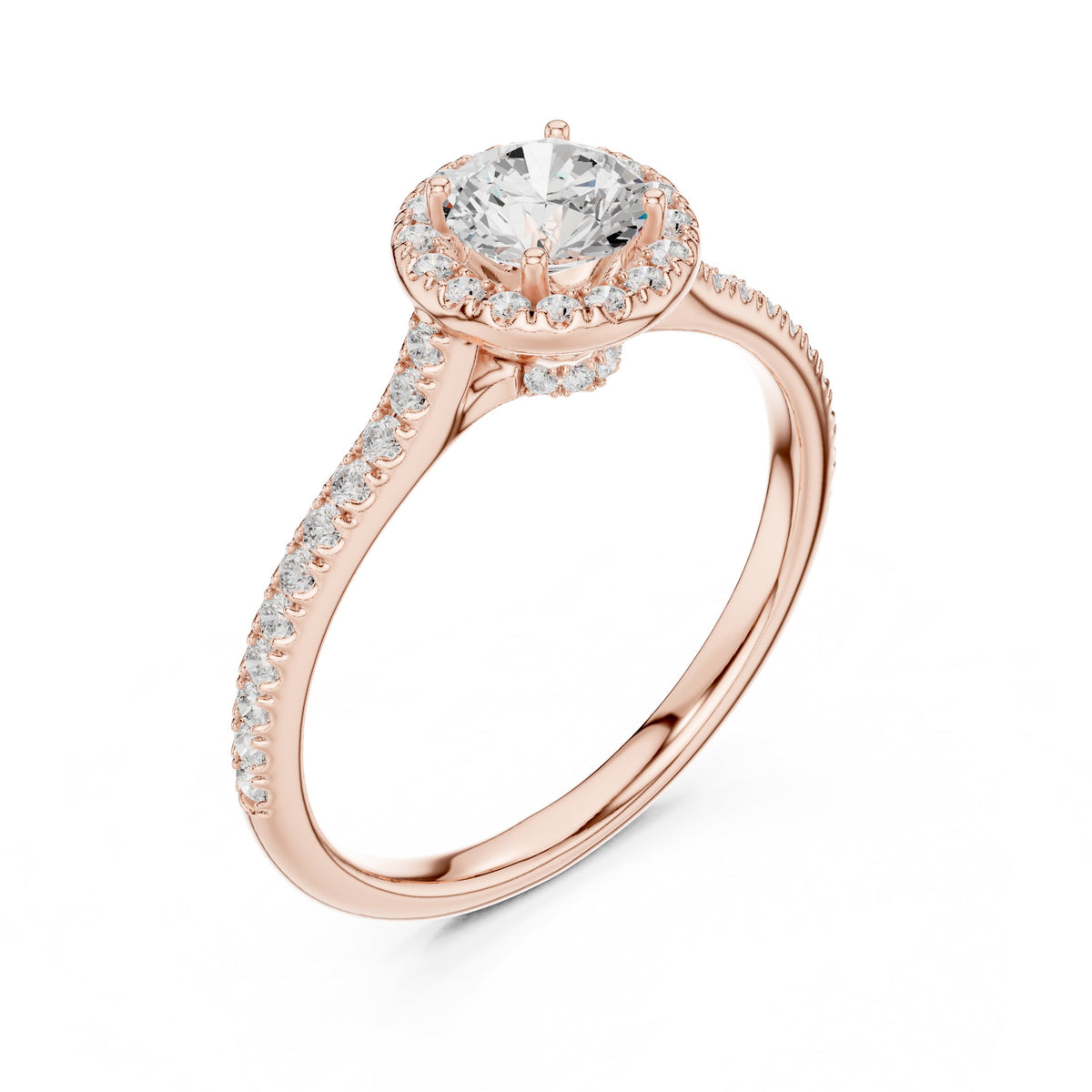Round Diamond Halo Engagement Ring with Pavé Band