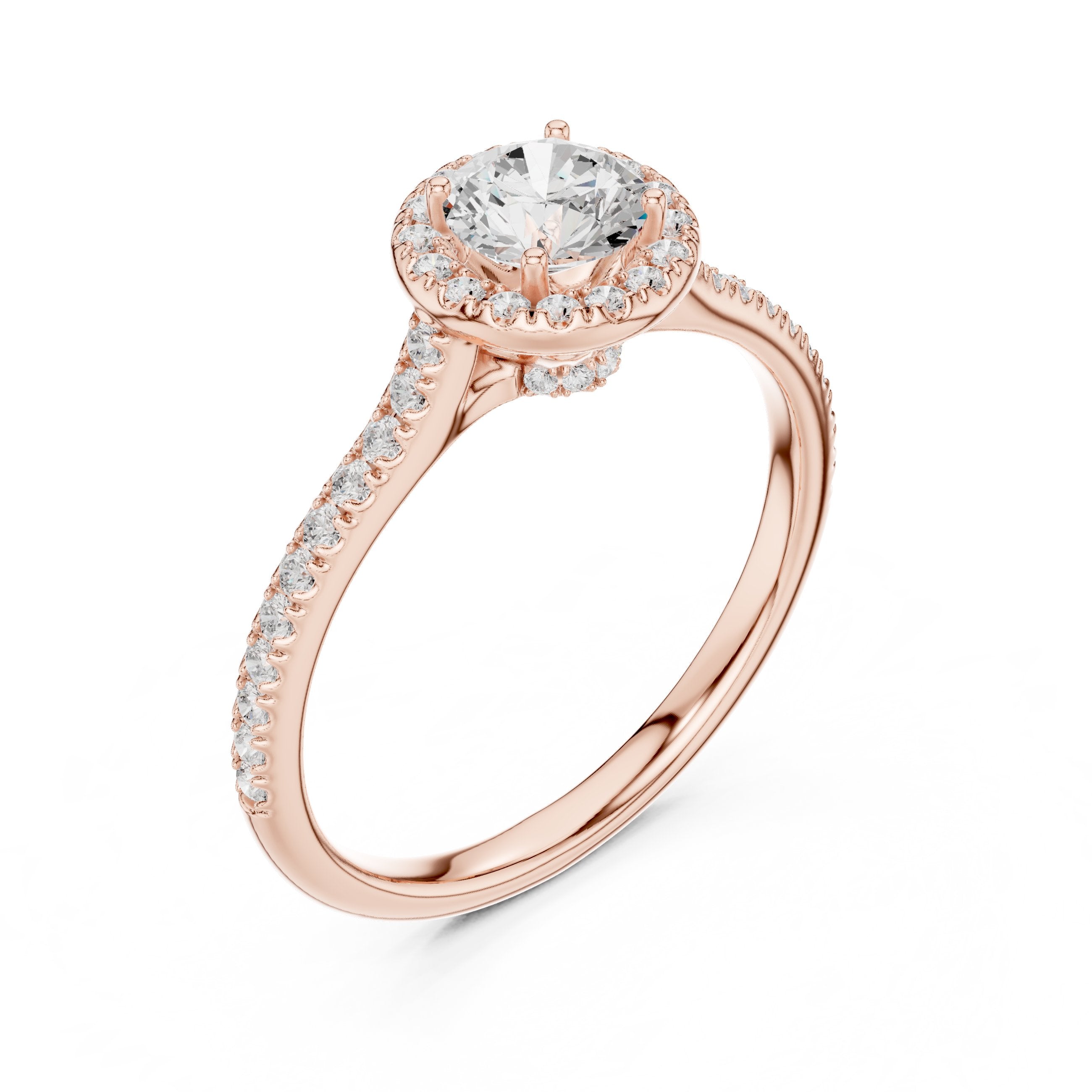 خاتم خطوبة ألماس مستدير بهالة وسوار بافيه in Rose Gold - VYKA Diamonds