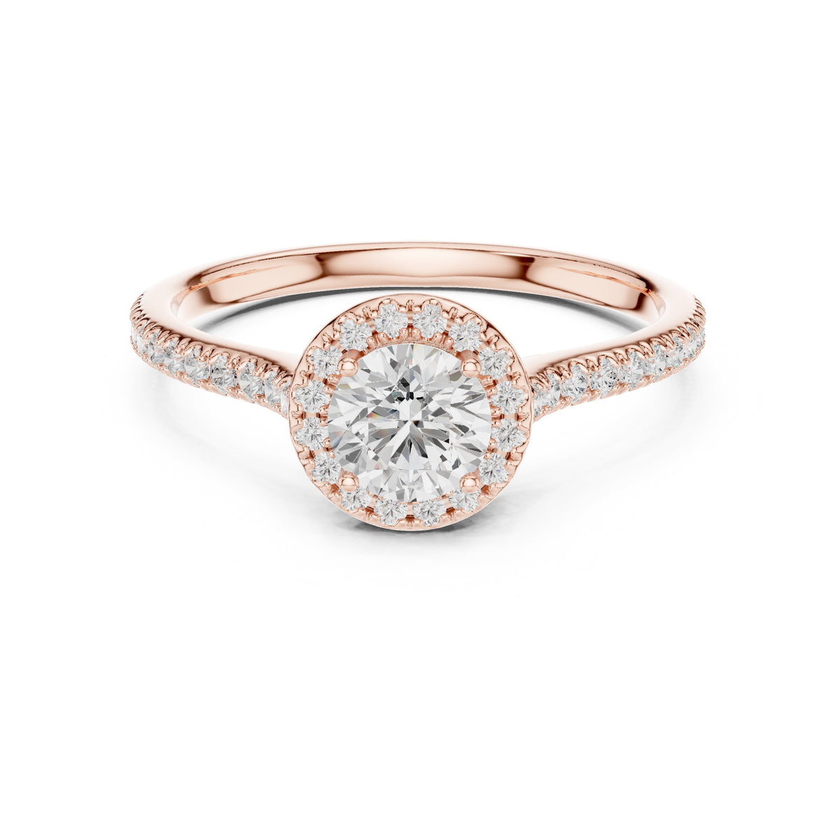 Round Diamond Halo Engagement Ring with Pavé Band