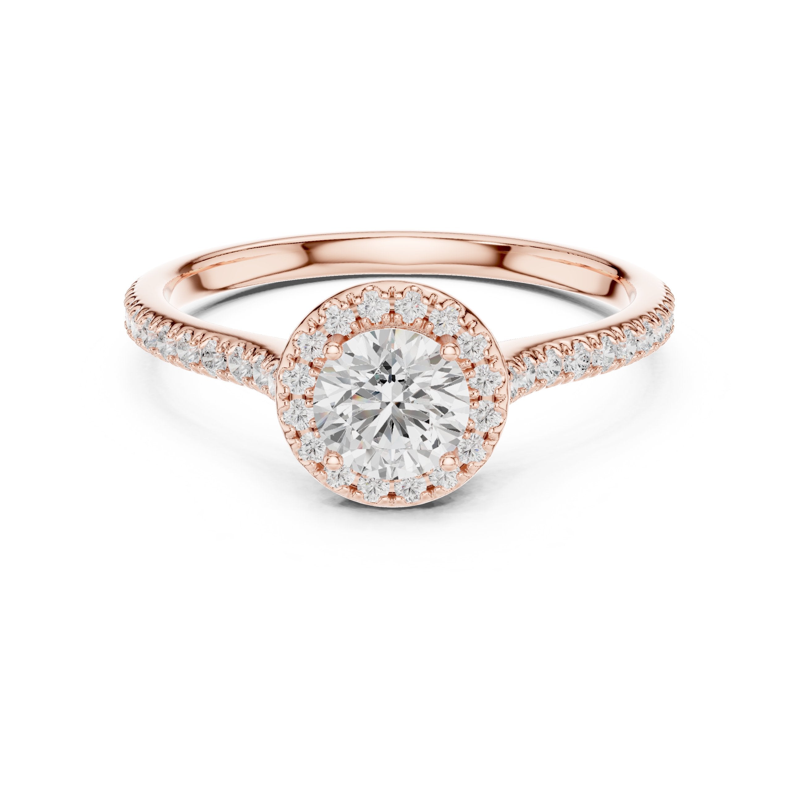 خاتم خطوبة ألماس مستدير بهالة وسوار بافيه in Rose Gold - VYKA Diamonds