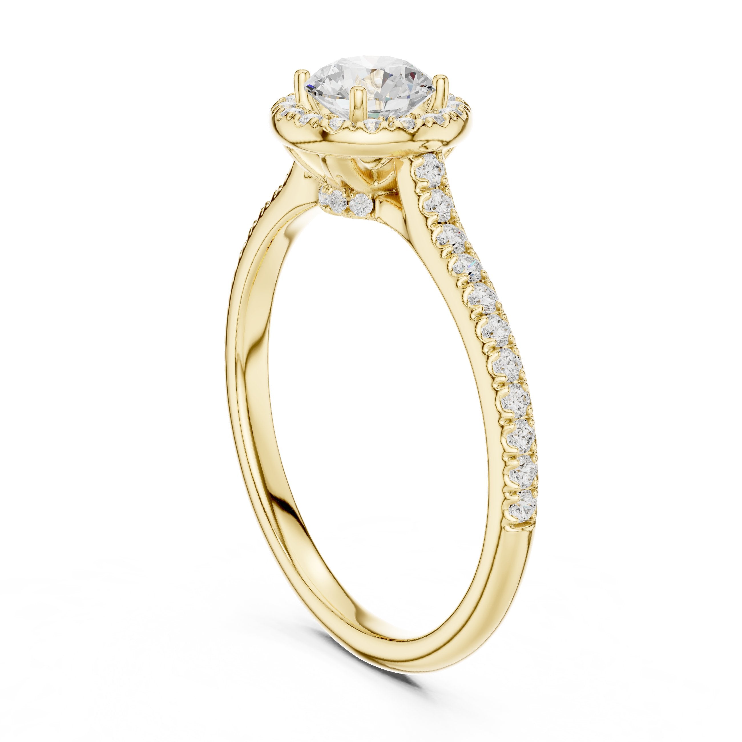 خاتم خطوبة ألماس مستدير بهالة وسوار بافيه in Yellow Gold - VYKA Diamonds