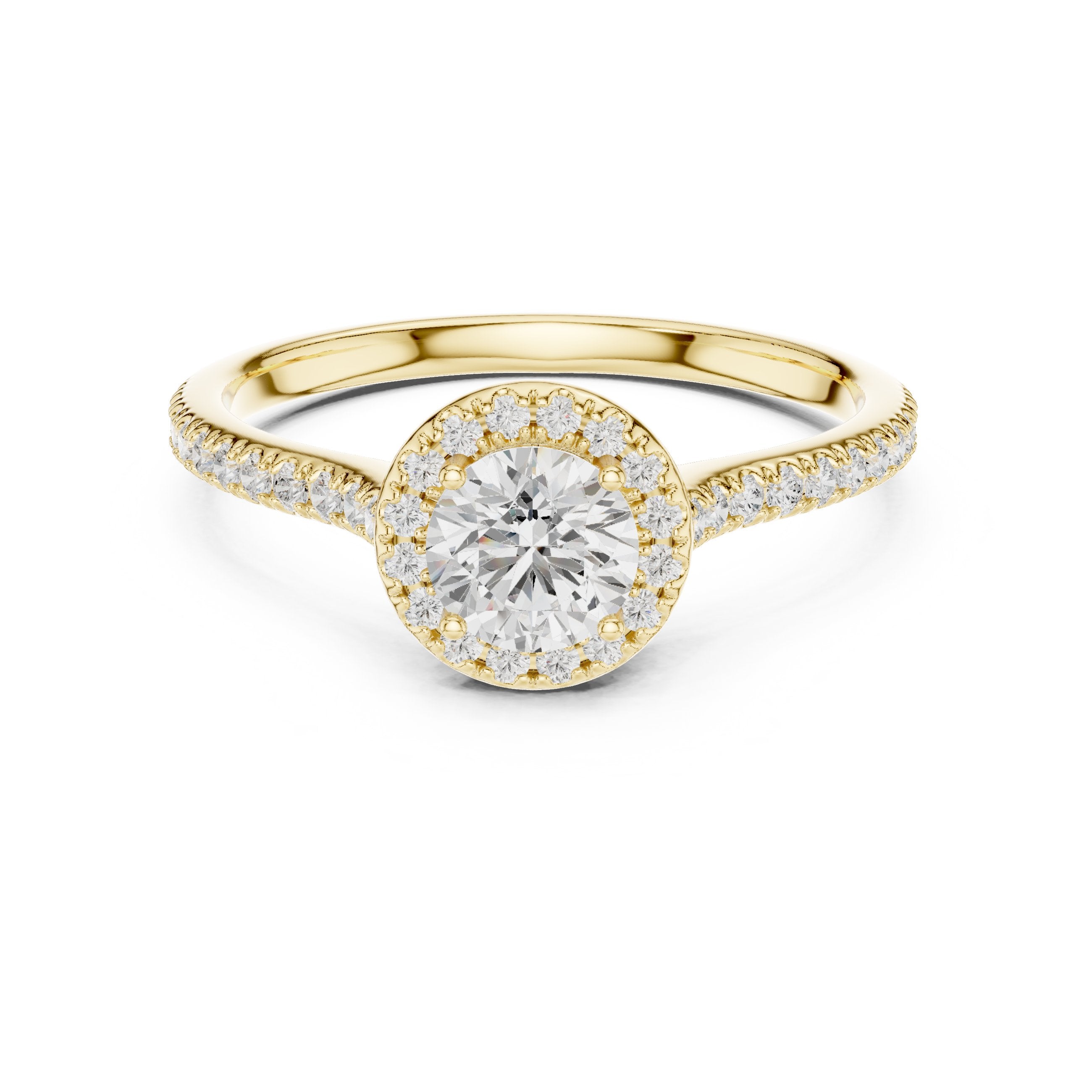 خاتم خطوبة ألماس مستدير بهالة وسوار بافيه in Yellow Gold - VYKA Diamonds