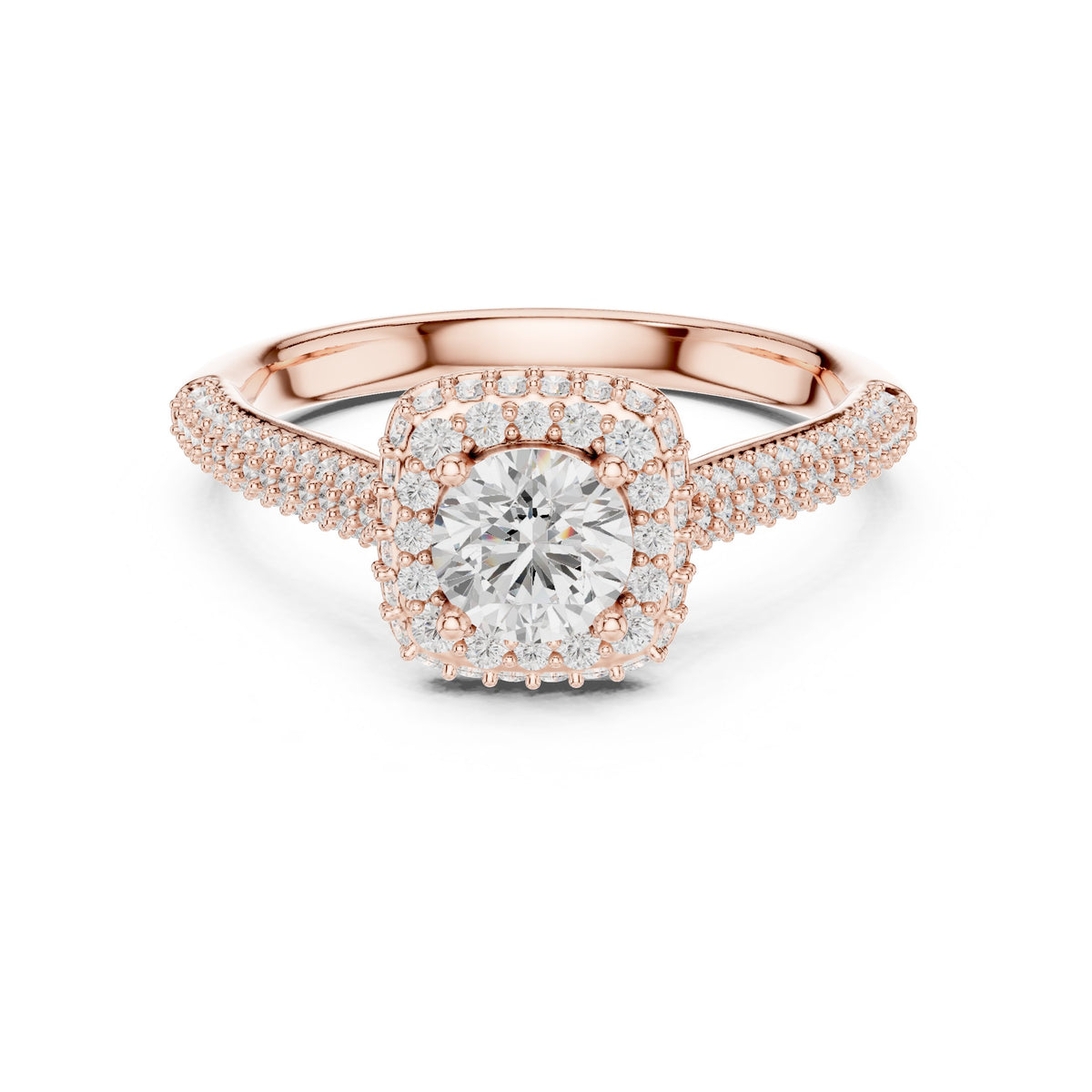 Round Diamond Halo Engagement Ring with Multi-Row Pavé Band