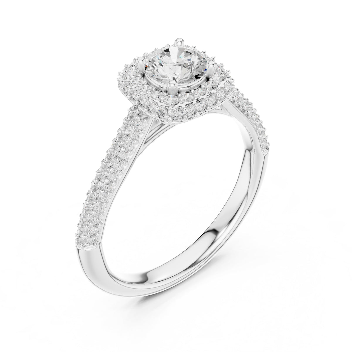 Round Diamond Halo Engagement Ring with Multi-Row Pavé Band