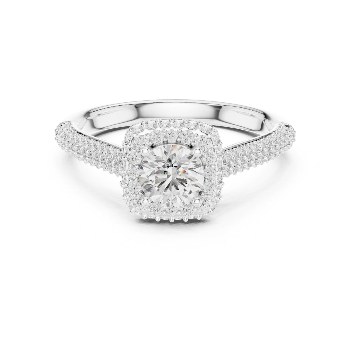 Round Diamond Halo Engagement Ring with Multi-Row Pavé Band
