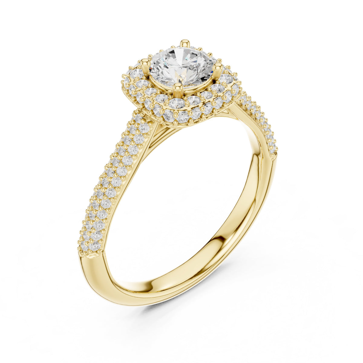 Round Diamond Halo Engagement Ring with Multi-Row Pavé Band