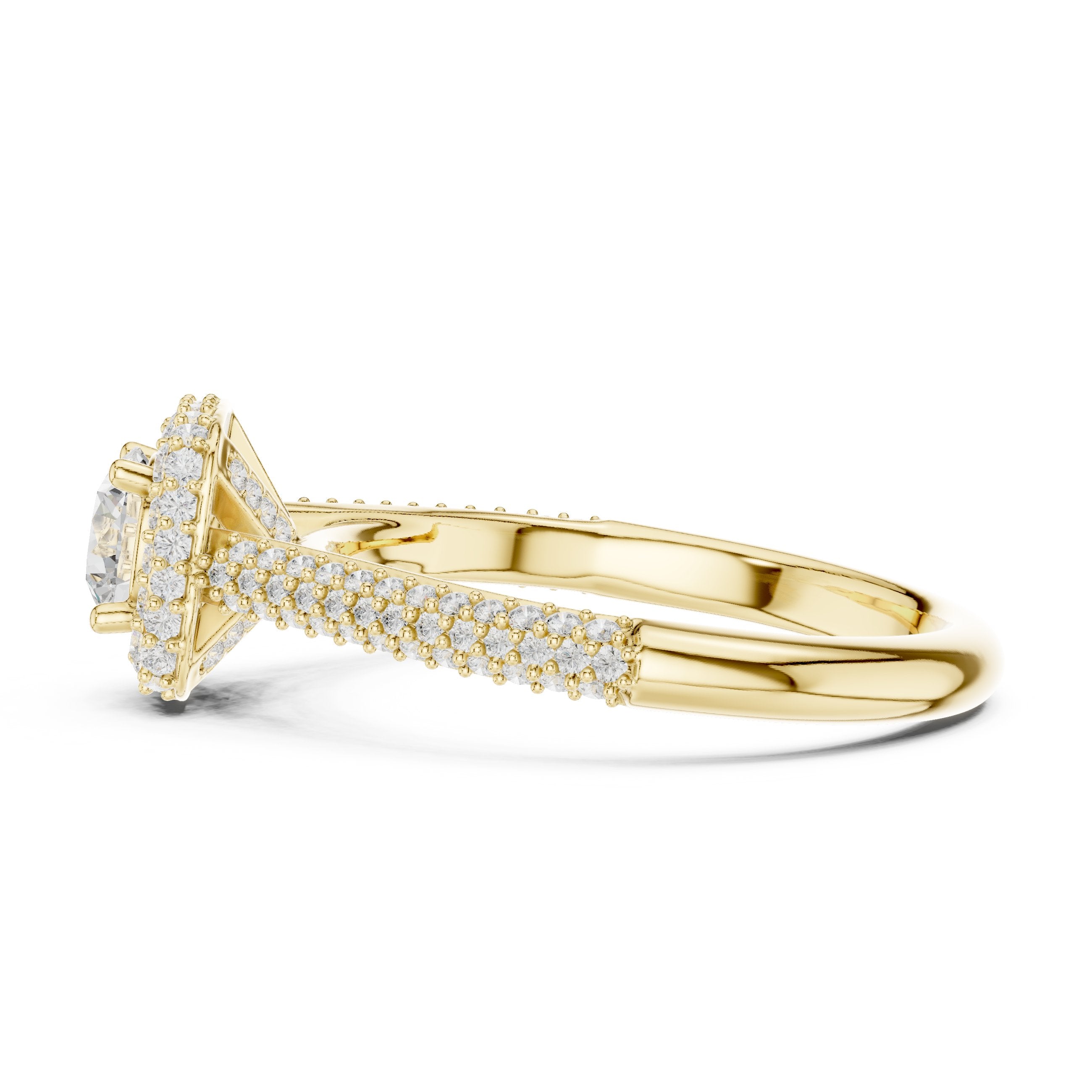 خاتم خطوبة ألماس مستدير بهالة وسوار بافيه متعدد الصفوف in Yellow Gold - VYKA Diamonds