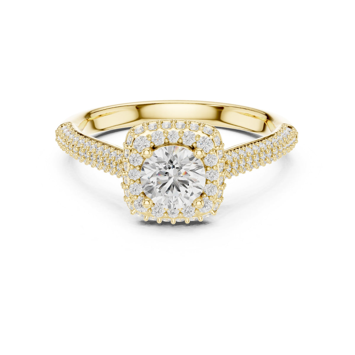Round Diamond Halo Engagement Ring with Multi-Row Pavé Band