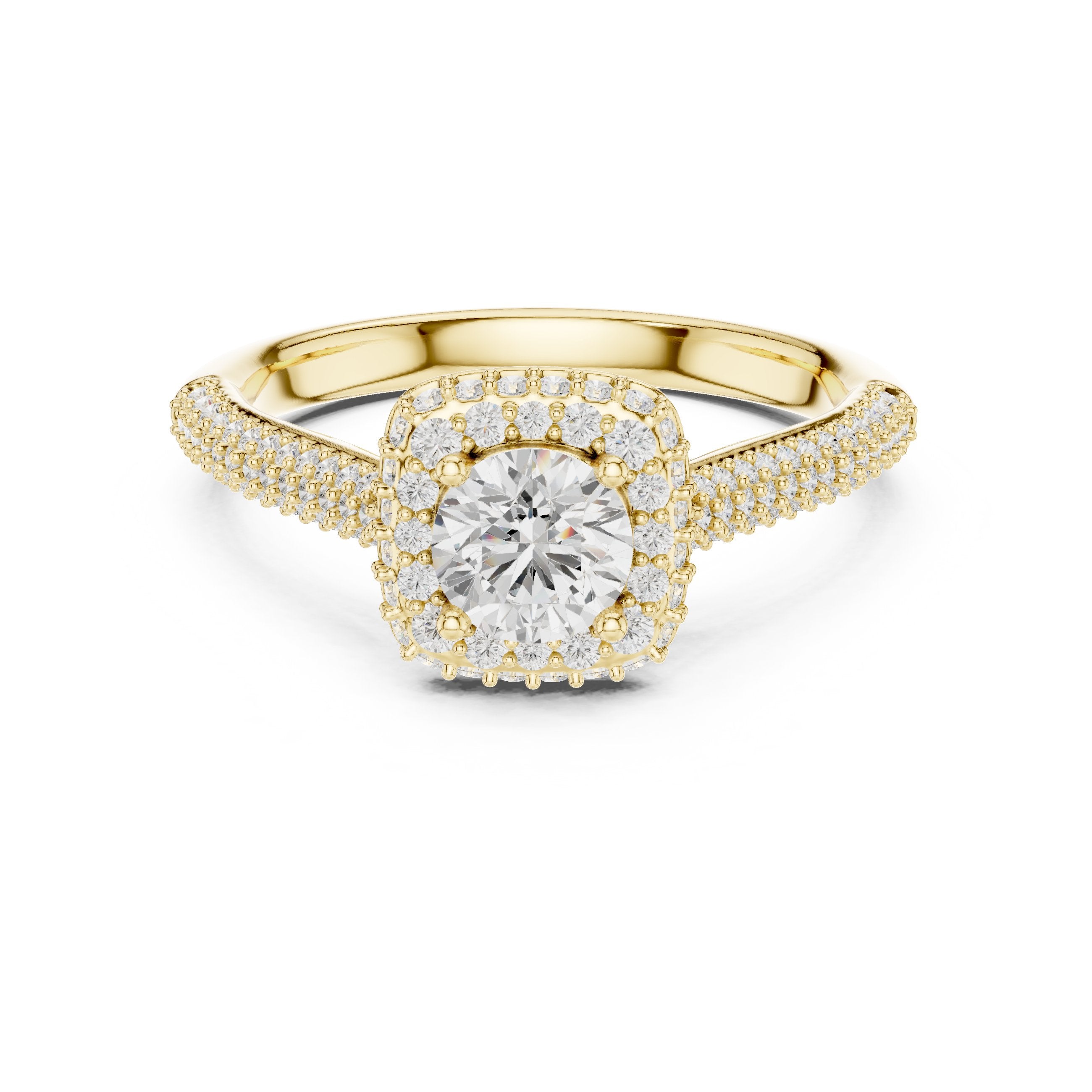 خاتم خطوبة ألماس مستدير بهالة وسوار بافيه متعدد الصفوف in Yellow Gold - VYKA Diamonds