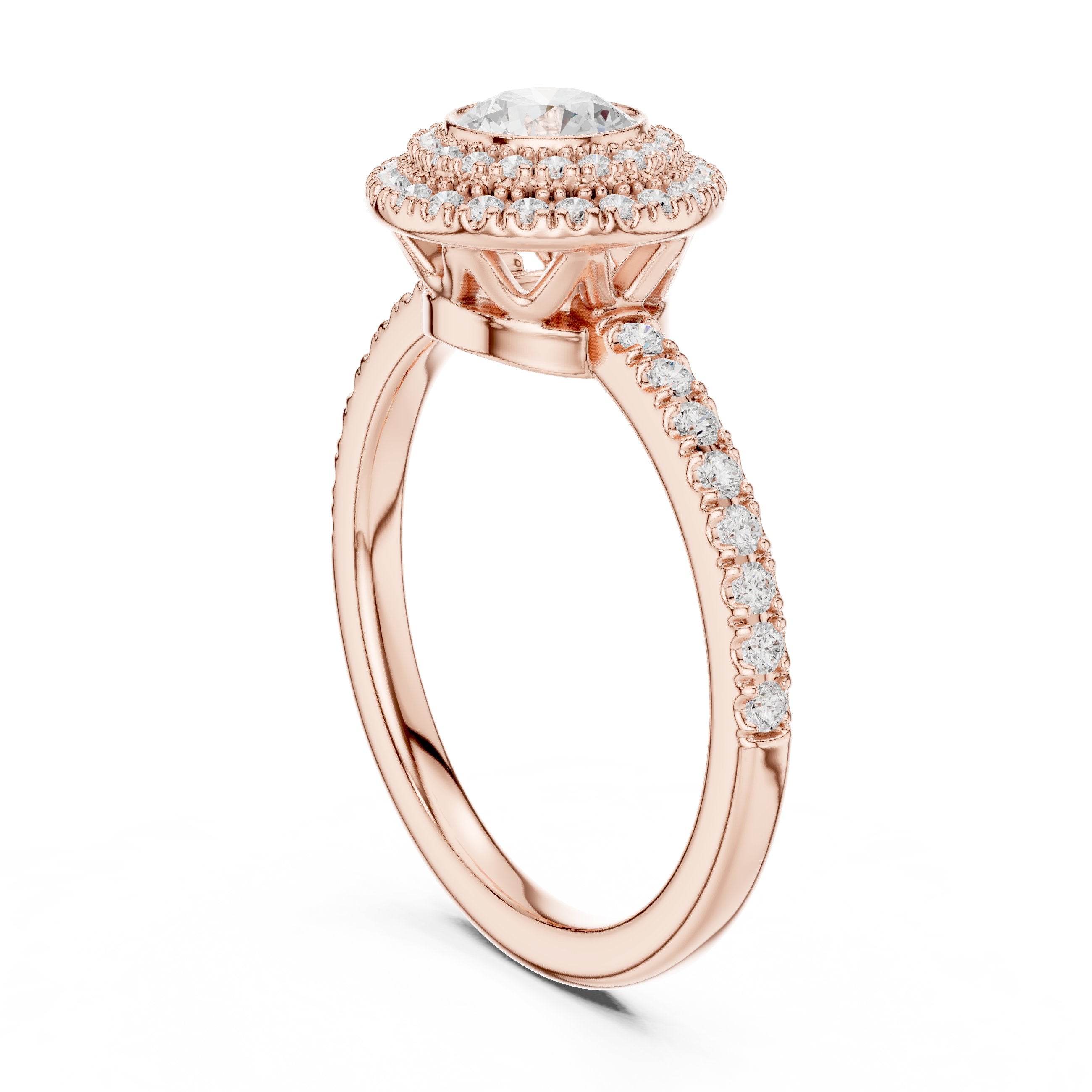 Round Diamond Vintage Double Halo Engagement Ring with Twisted Pavé Band in Rose Gold - VYKA Diamonds