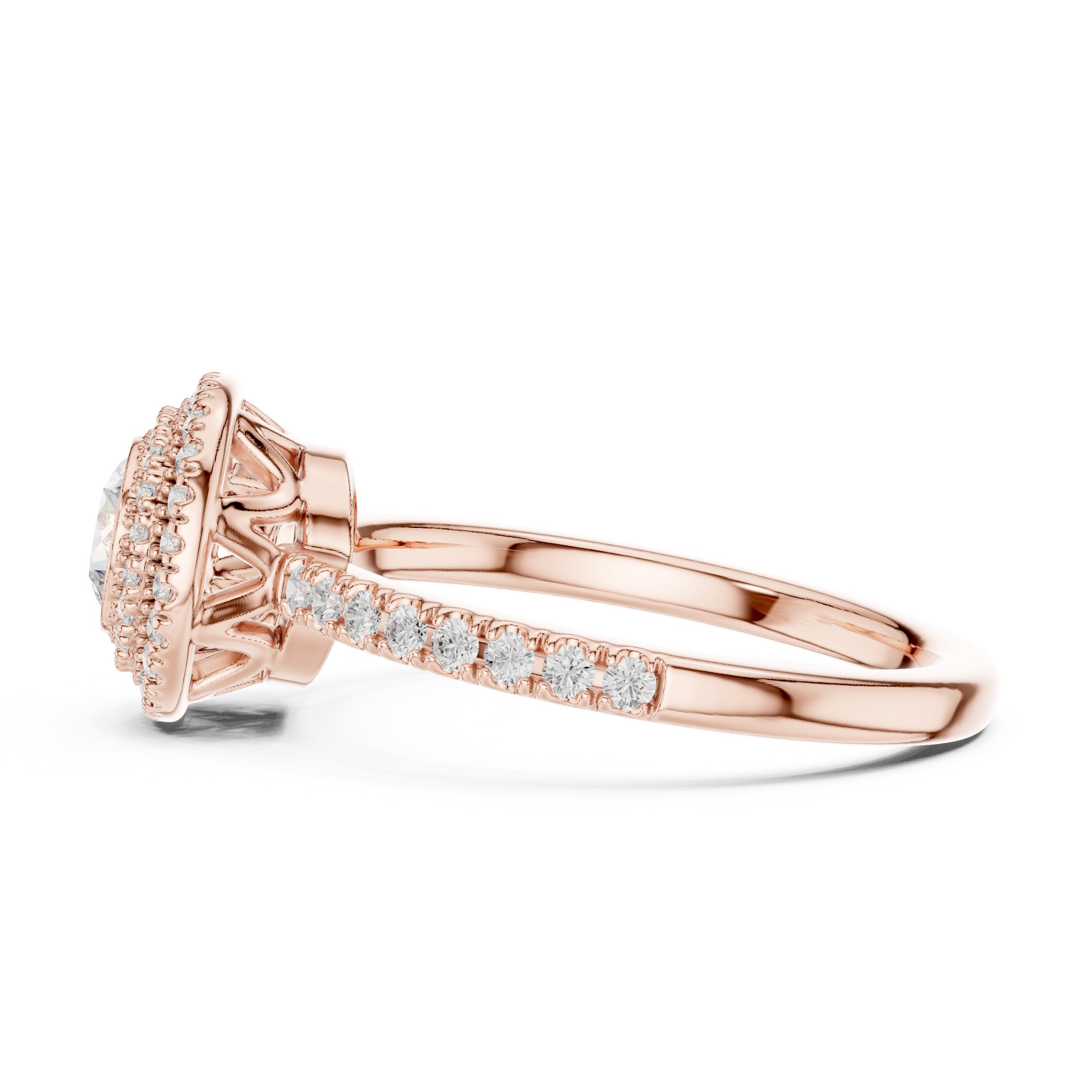 Round Diamond Vintage Double Halo Engagement Ring with Twisted Pavé Band in Rose Gold - VYKA Diamonds