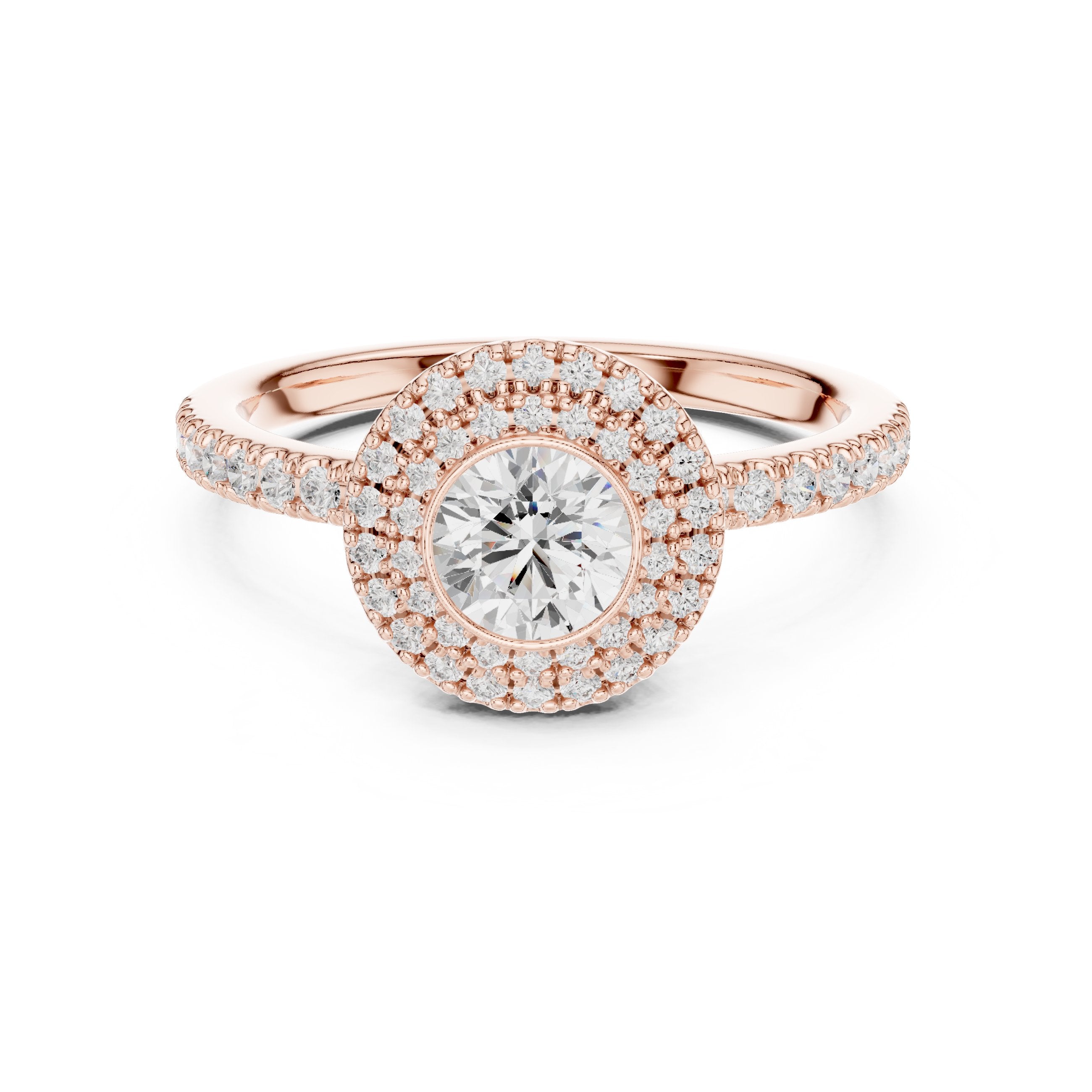 Round Diamond Vintage Double Halo Engagement Ring with Twisted Pavé Band in Rose Gold - VYKA Diamonds