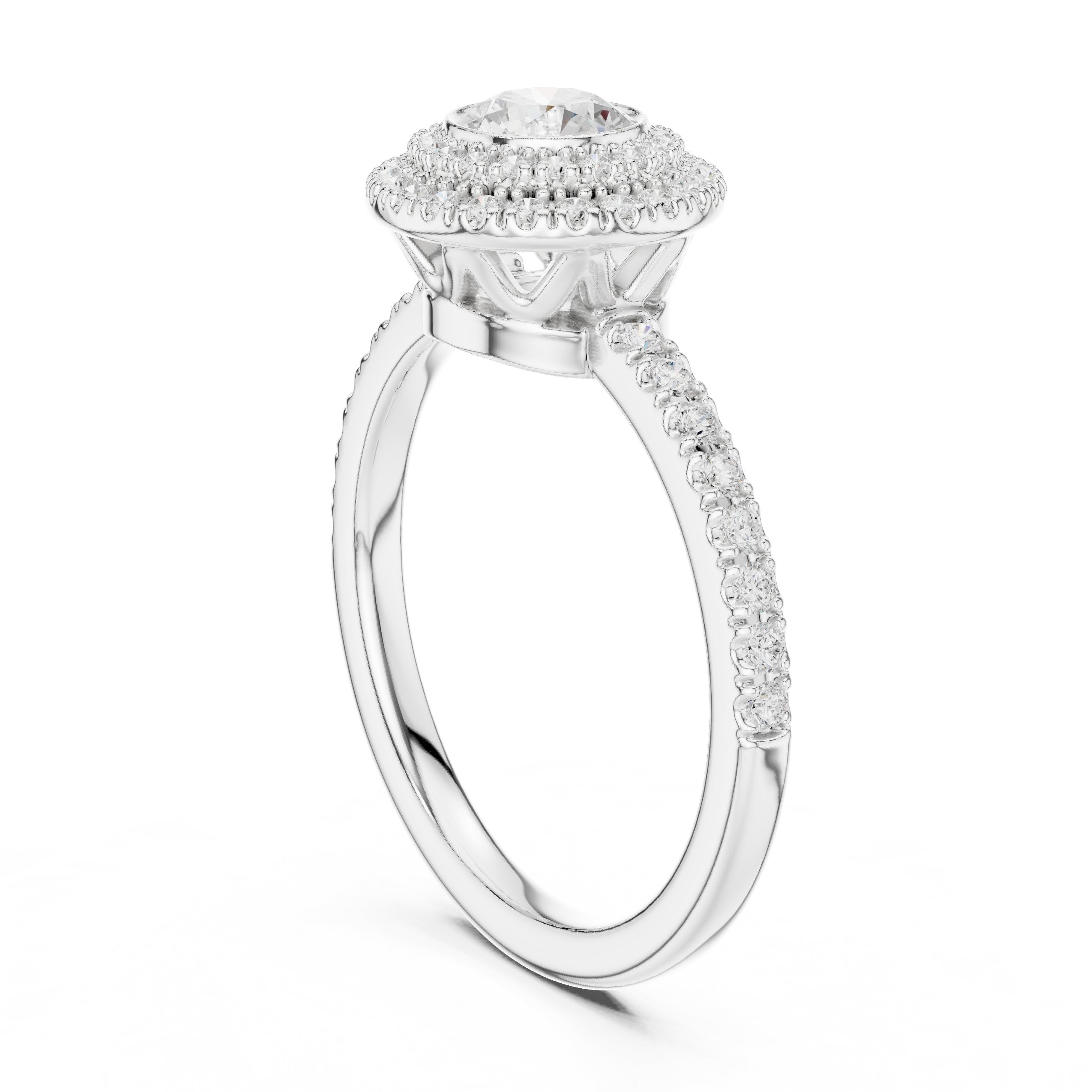 Round Diamond Vintage Double Halo Engagement Ring with Twisted Pavé Band in White Gold - VYKA Diamonds