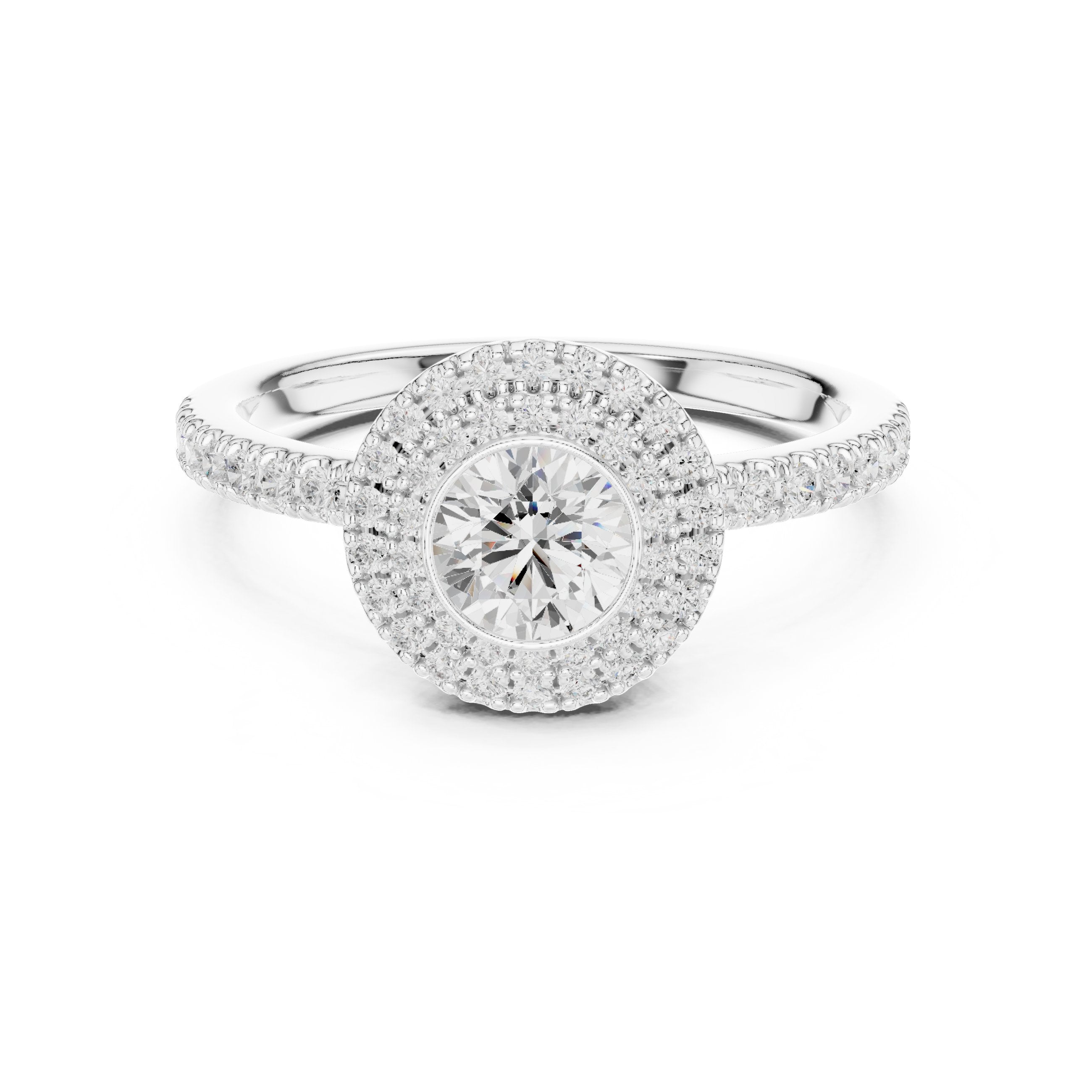Round Diamond Vintage Double Halo Engagement Ring with Twisted Pavé Band in White Gold - VYKA Diamonds