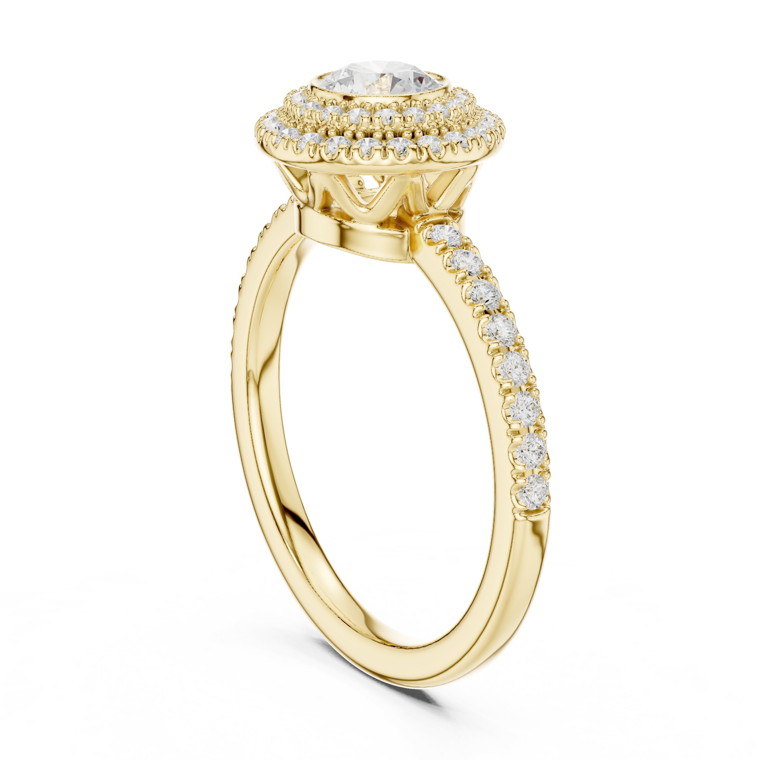 Round Diamond Vintage Double Halo Engagement Ring with Twisted Pavé Band in Yellow Gold - VYKA Diamonds