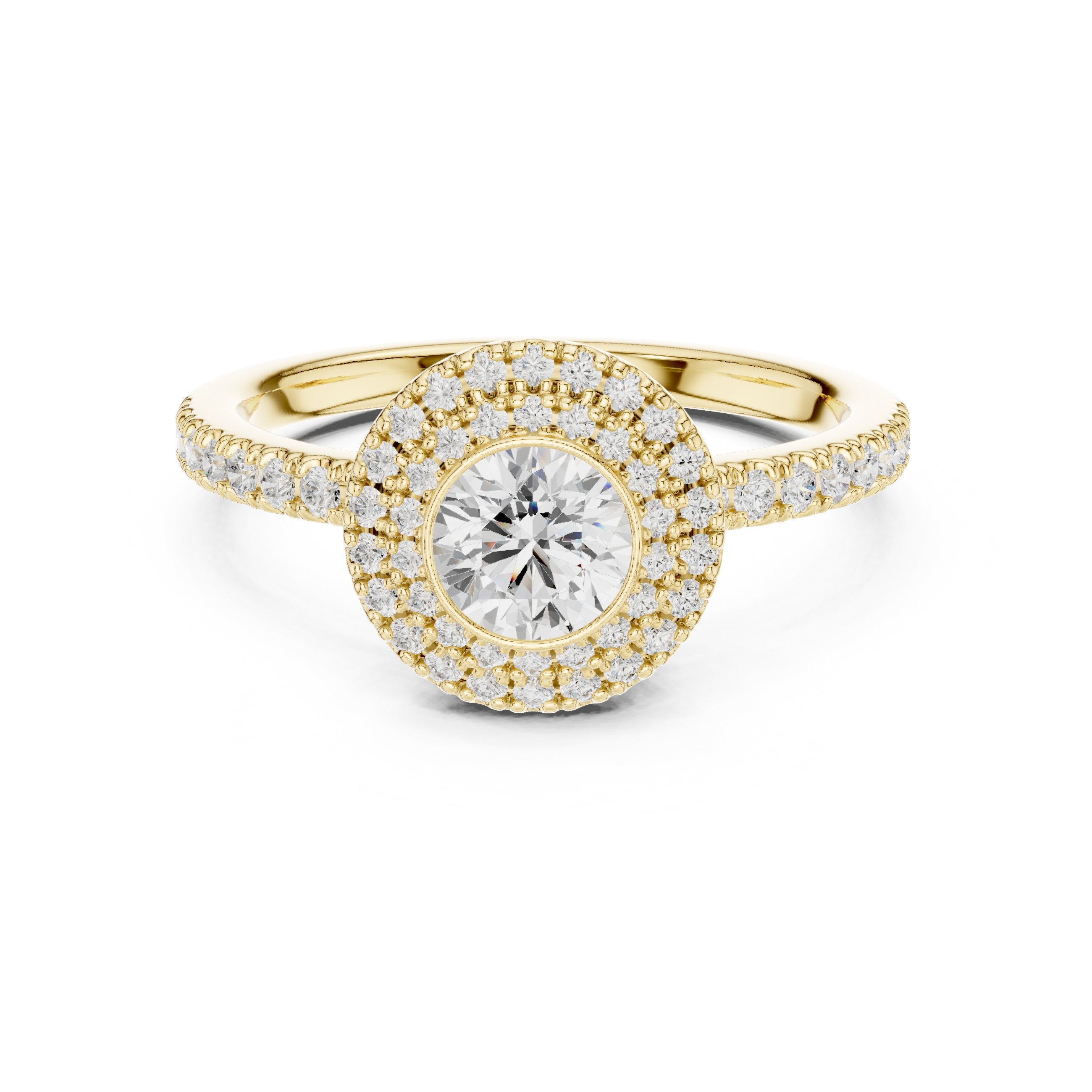 Round Diamond Vintage Double Halo Engagement Ring with Twisted Pavé Band in Yellow Gold - VYKA Diamonds