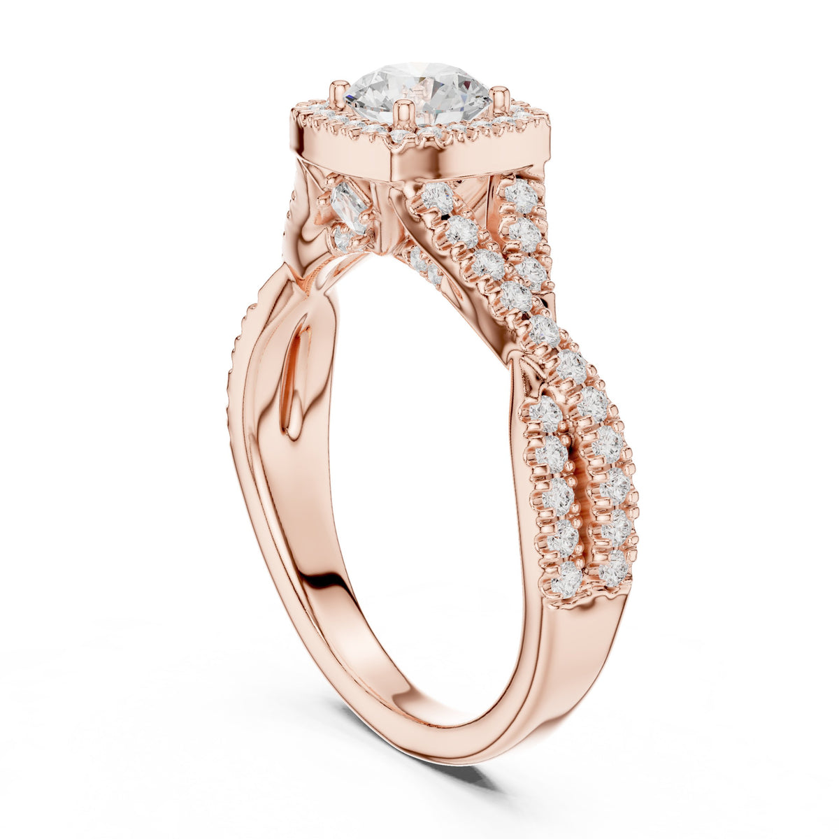 Round Diamond Cushion Halo Engagement Ring with Twisted Pavé Band