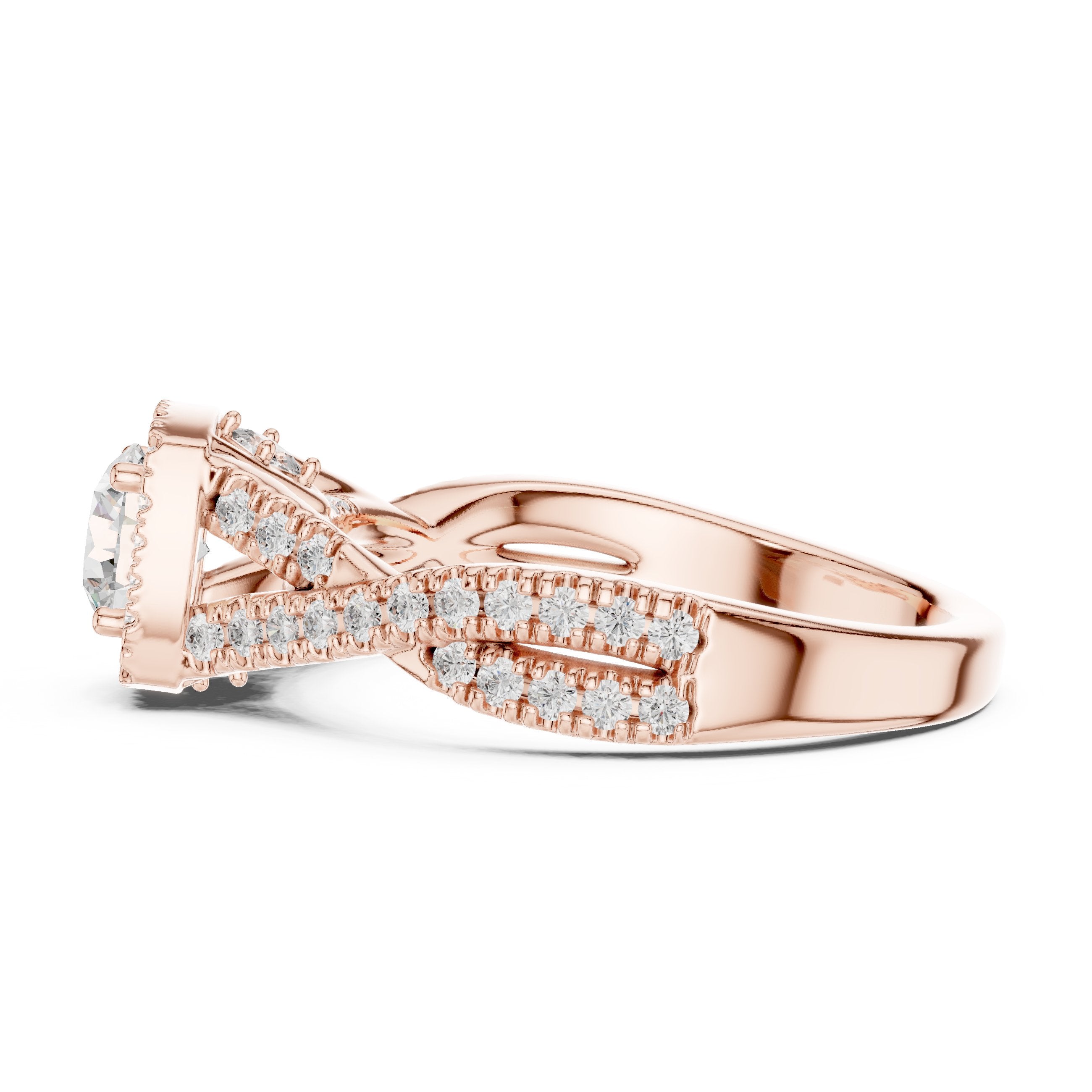 Round Diamond Cushion Halo Engagement Ring with Twisted Pavé Band in Rose Gold - VYKA Diamonds