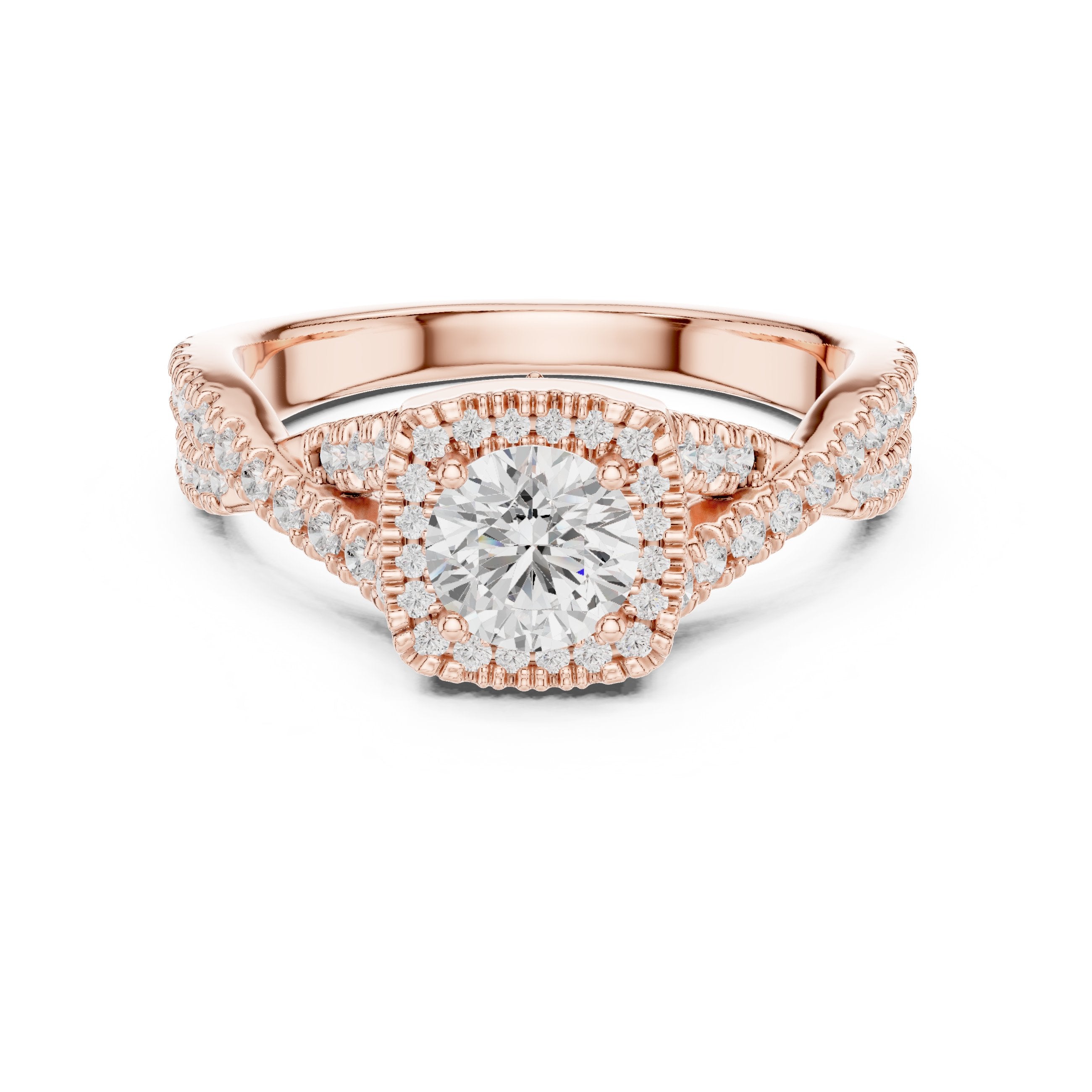 Round Diamond Cushion Halo Engagement Ring with Twisted Pavé Band in Rose Gold - VYKA Diamonds