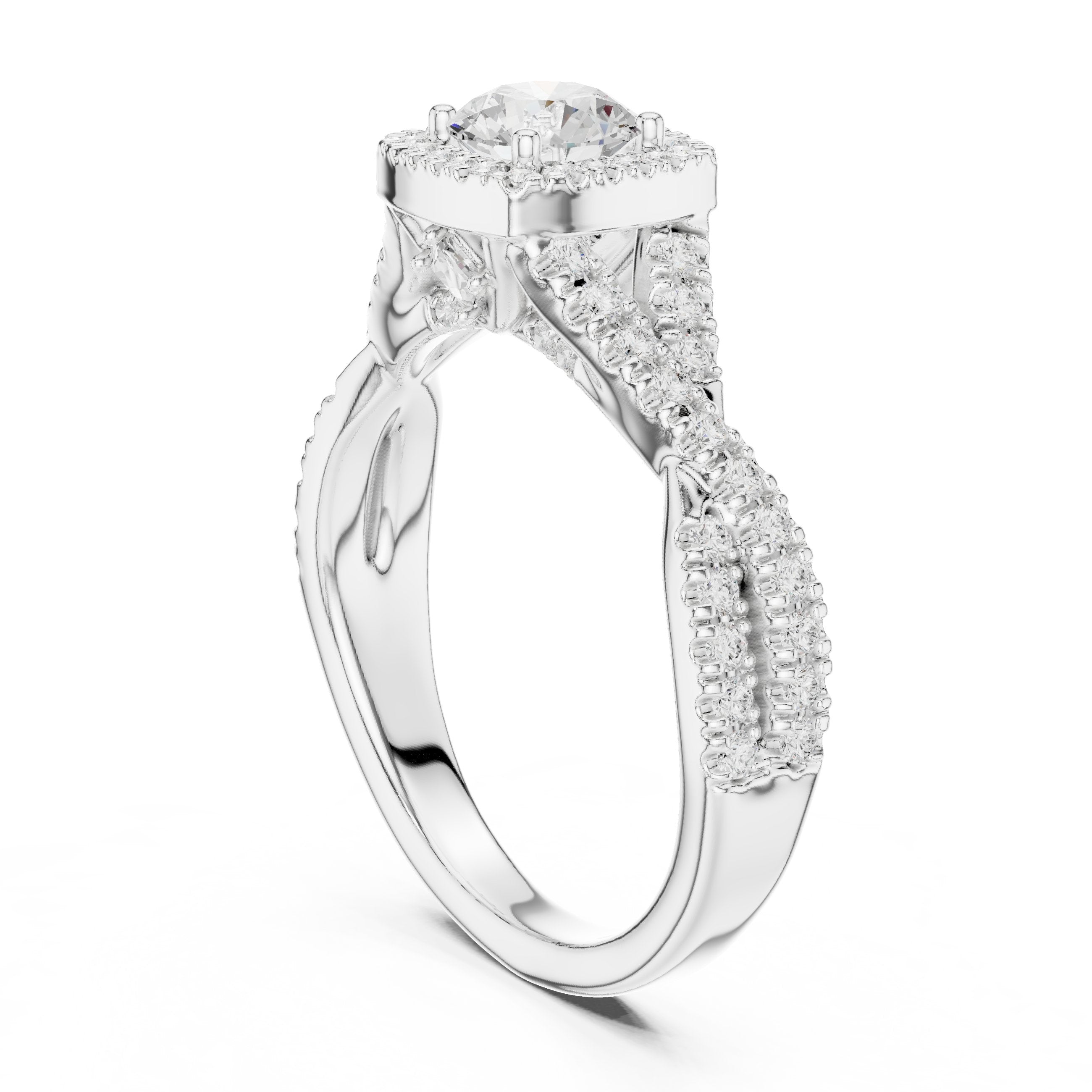 Round Diamond Cushion Halo Engagement Ring with Twisted Pavé Band in White Gold - VYKA Diamonds