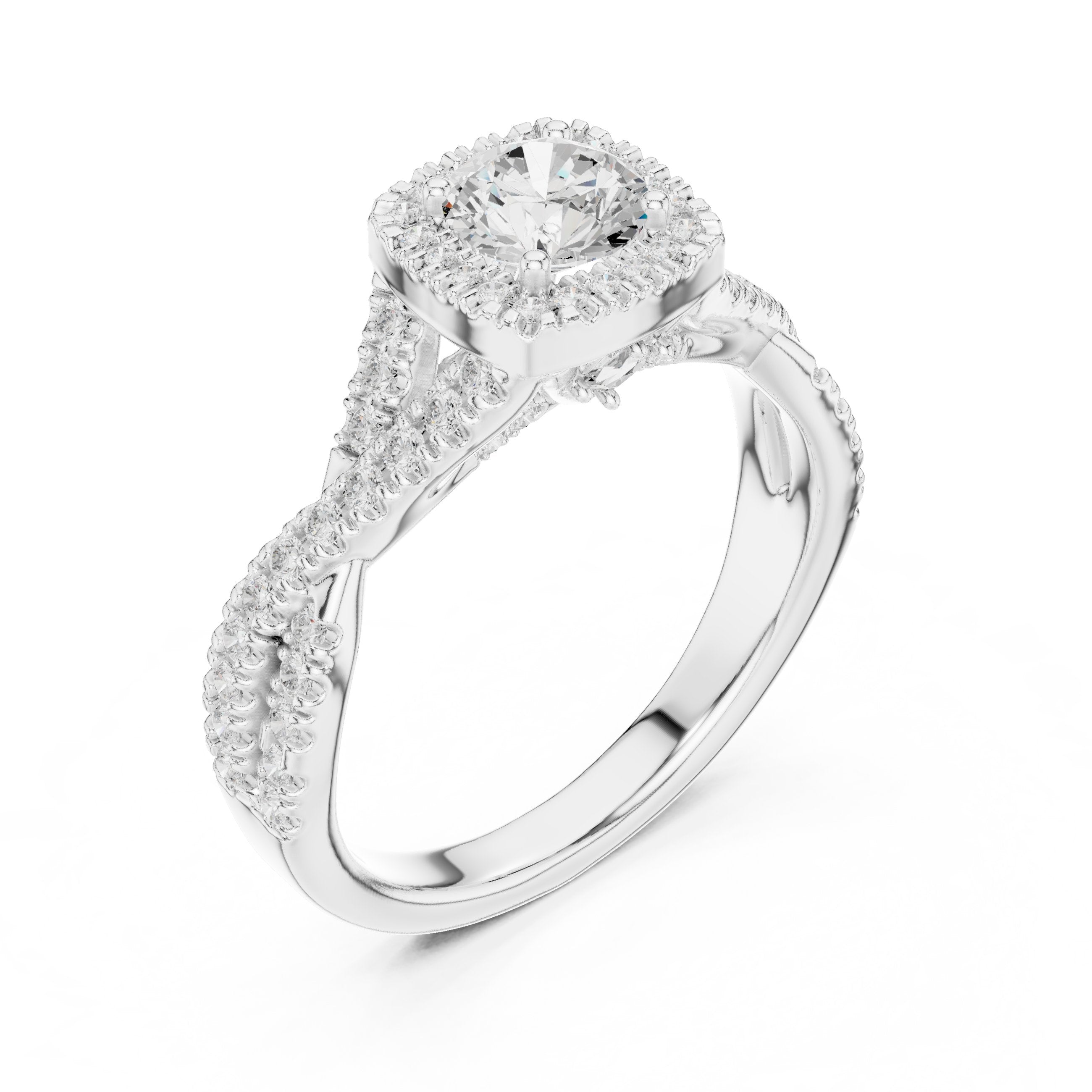 Round Diamond Cushion Halo Engagement Ring with Twisted Pavé Band in White Gold - VYKA Diamonds