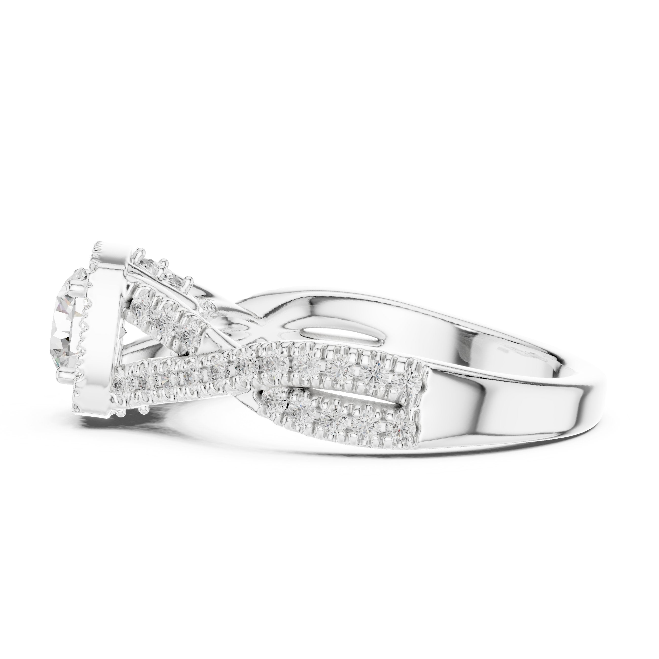 Round Diamond Cushion Halo Engagement Ring with Twisted Pavé Band in White Gold - VYKA Diamonds