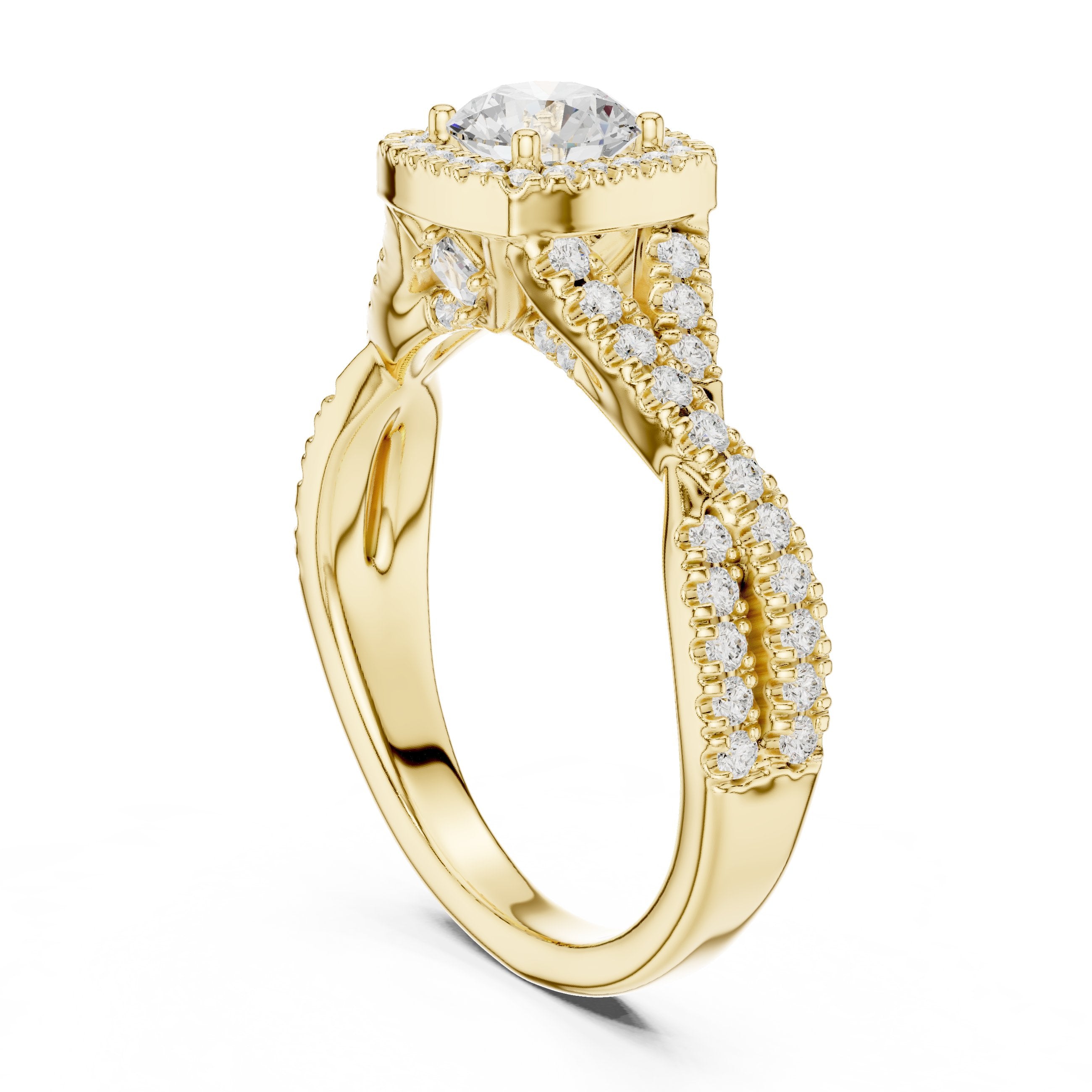Round Diamond Cushion Halo Engagement Ring with Twisted Pavé Band in Yellow Gold - VYKA Diamonds