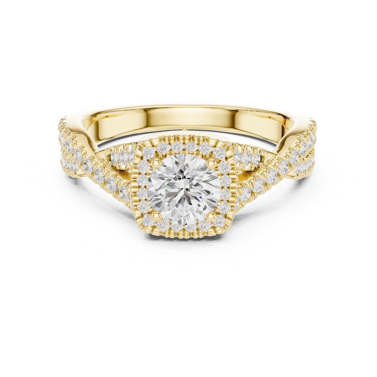 Round Diamond Cushion Halo Engagement Ring with Twisted Pavé Band