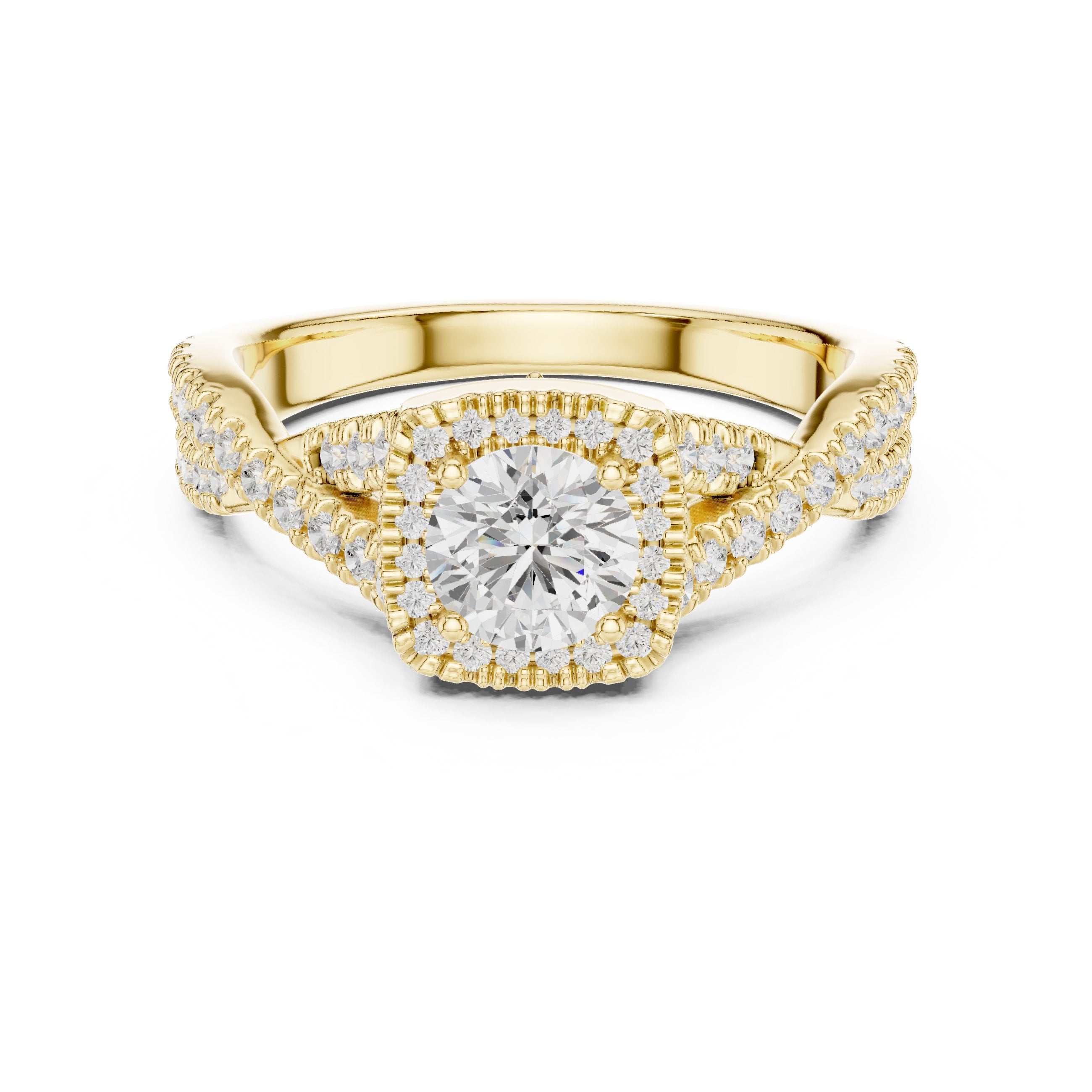 Round Diamond Cushion Halo Engagement Ring with Twisted Pavé Band in Yellow Gold - VYKA Diamonds