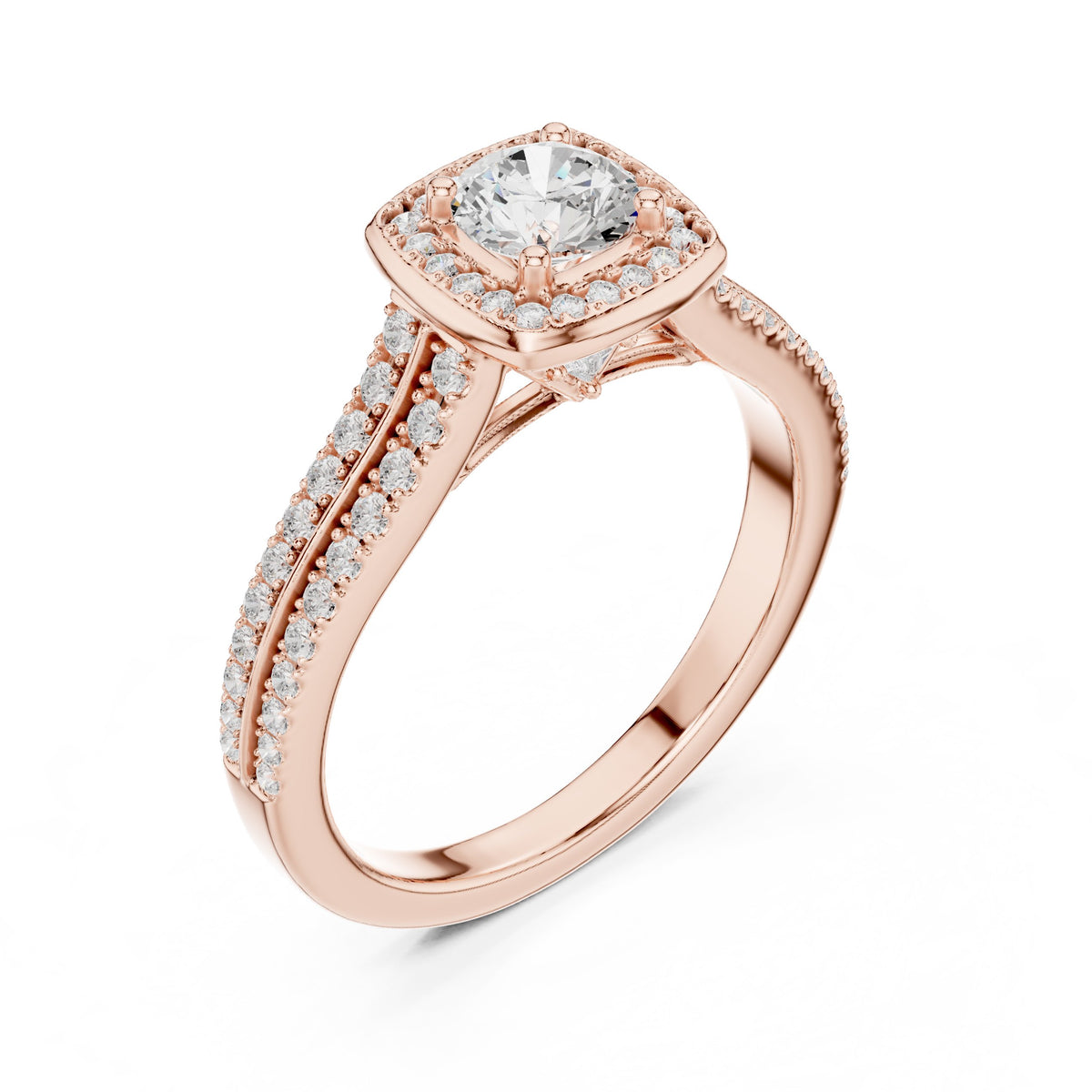 Round Diamond Cushion Halo Engagement Ring with Double Pavé Band