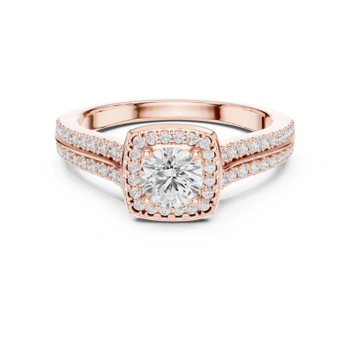 Round Diamond Cushion Halo Engagement Ring with Double Pavé Band