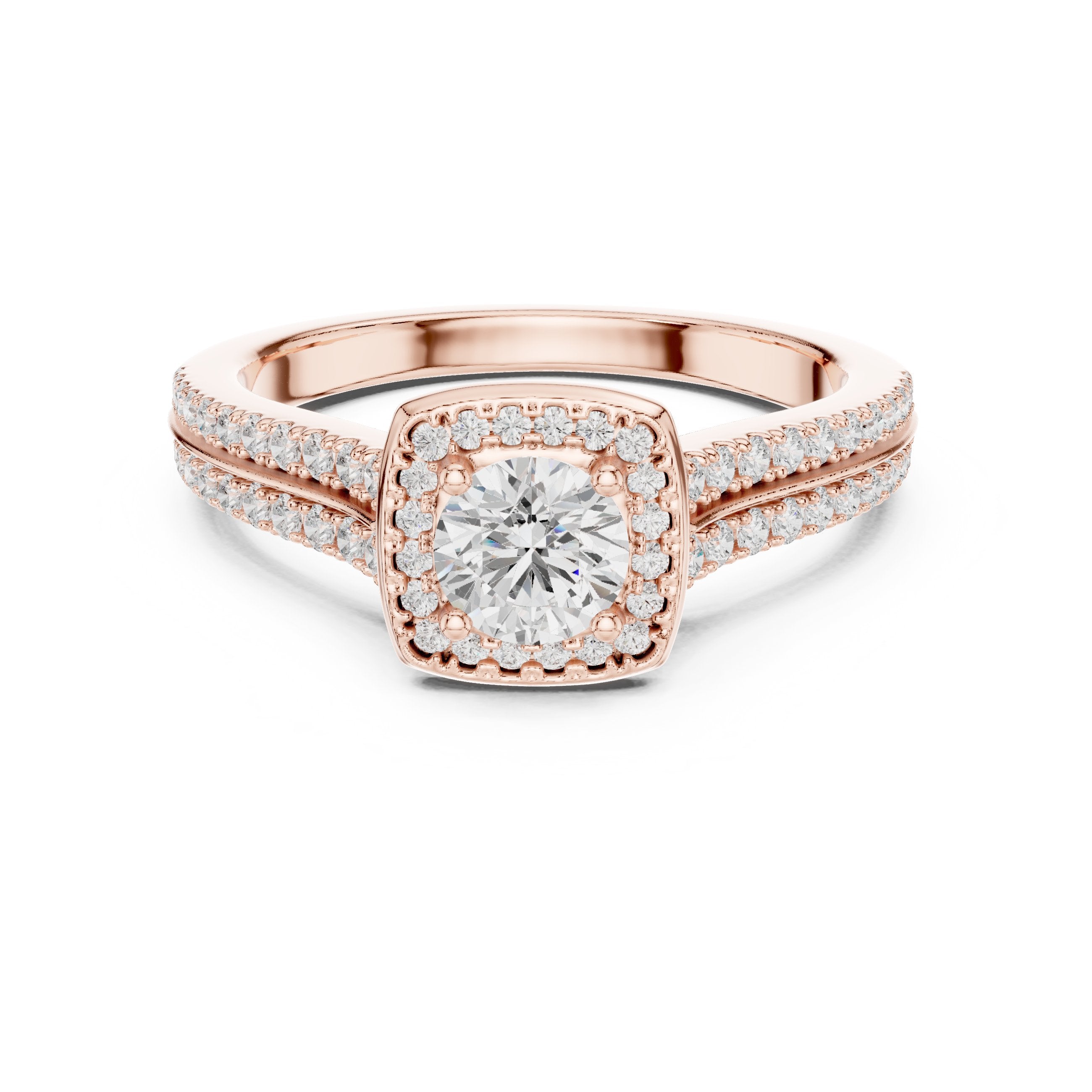 Round Diamond Cushion Halo Engagement Ring with Double Pavé Band in Rose Gold - VYKA Diamonds