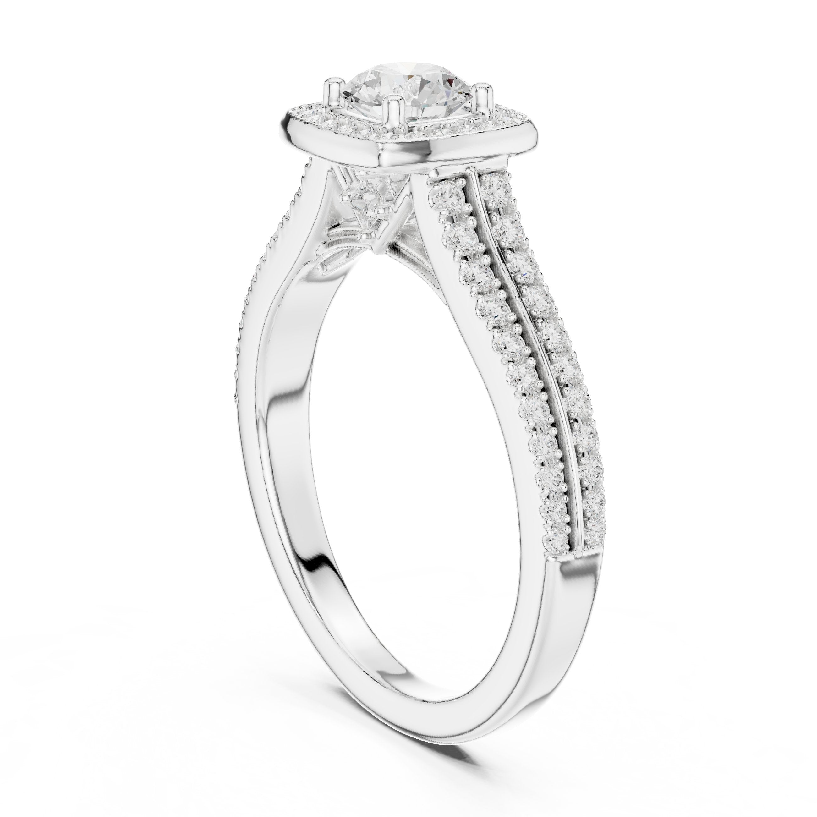 Round Diamond Cushion Halo Engagement Ring with Double Pavé Band in White Gold - VYKA Diamonds